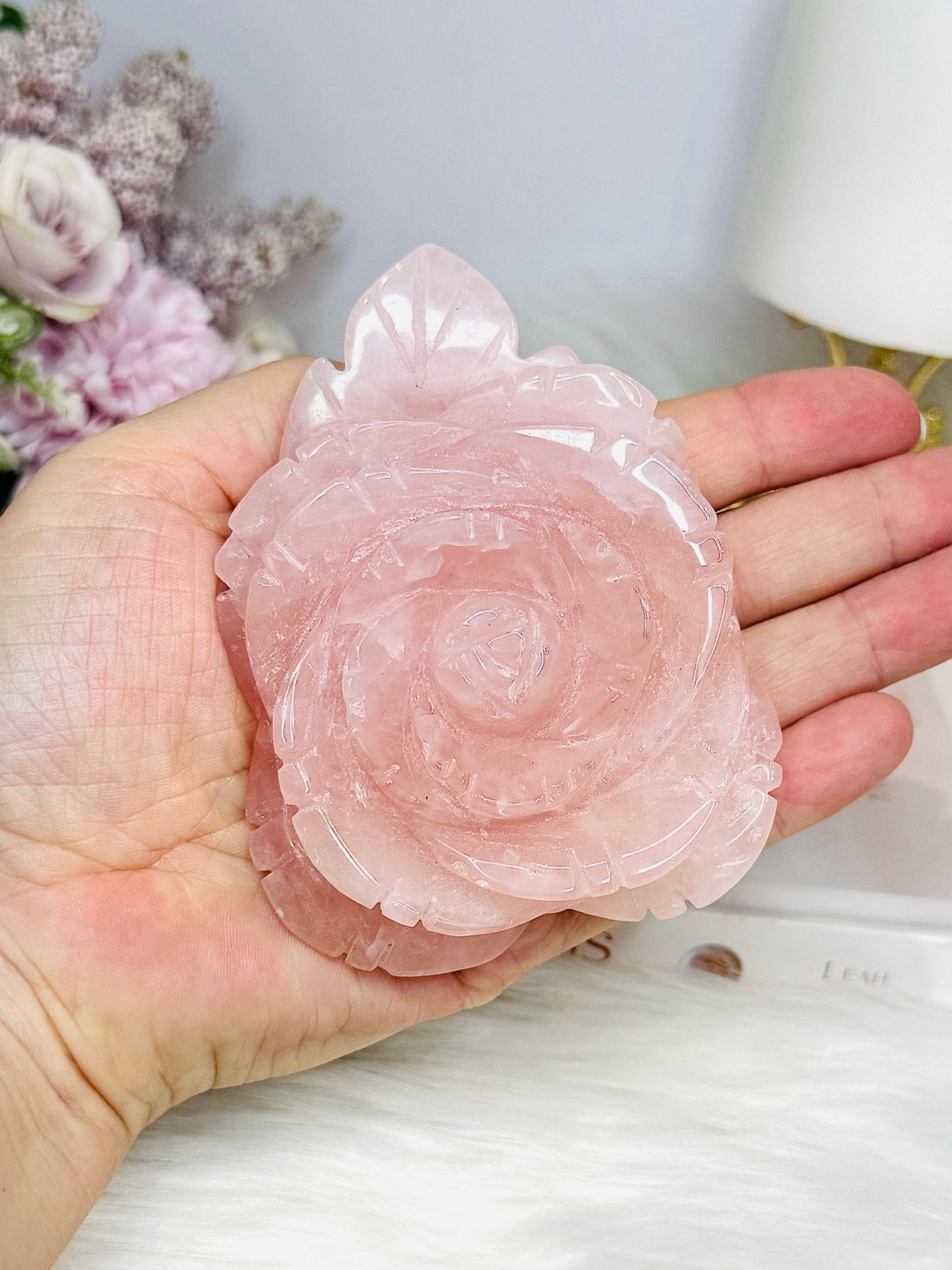 Large Rose Quartz Carved Rose 10cm