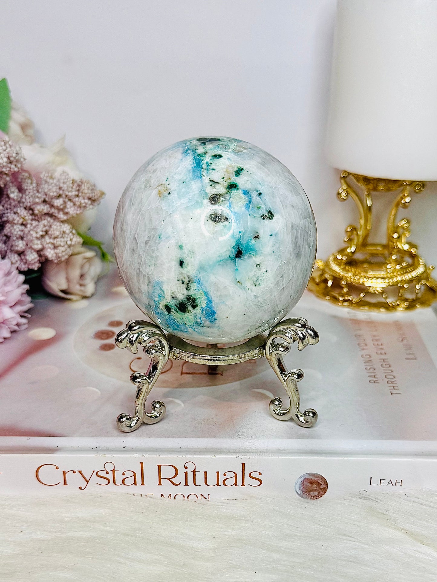 Large Phoenix Stone (Malachite, Chrysocolla, Turquoise) Sphere on Stand 460g