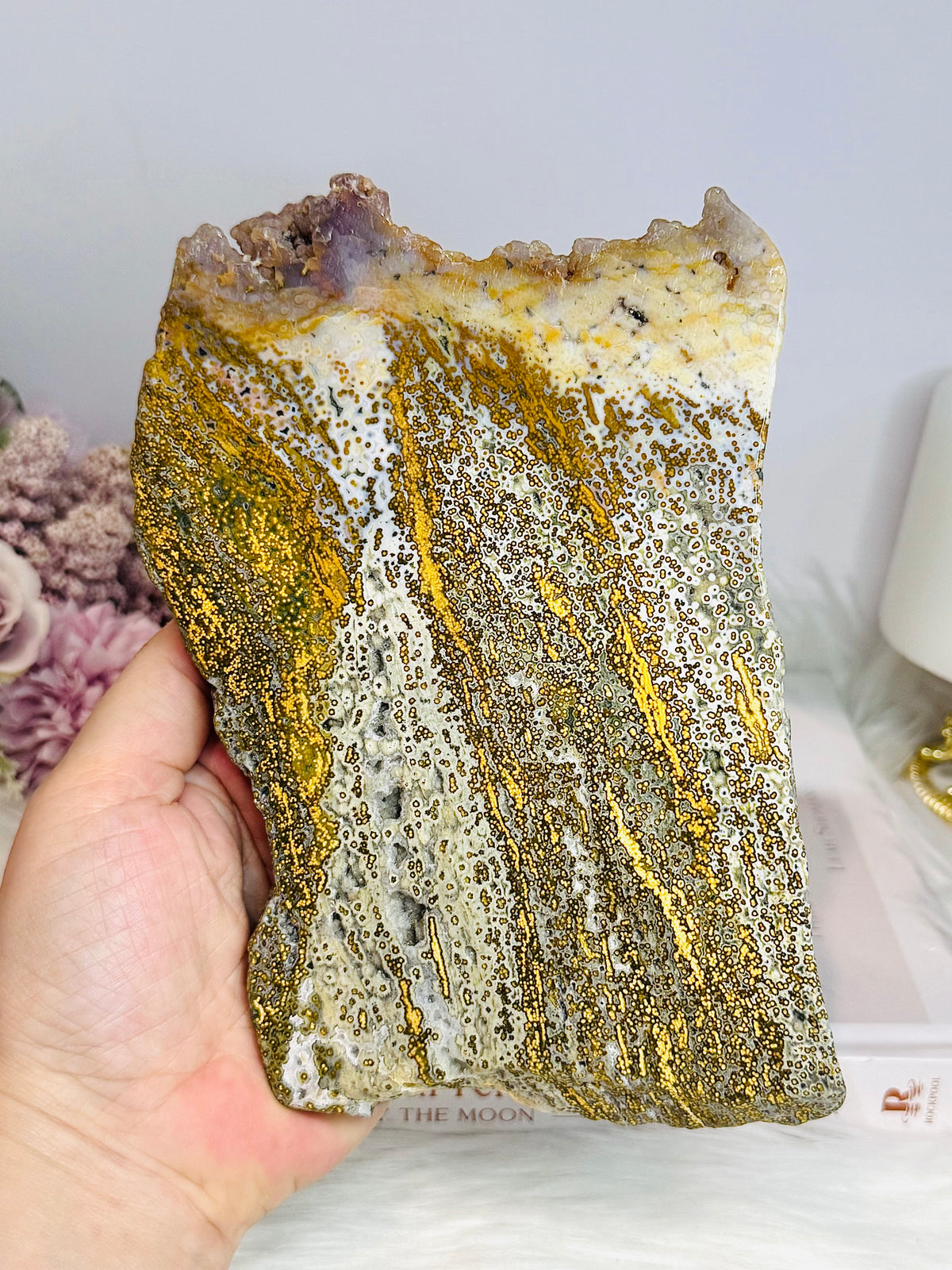 Large High Grade Ocean Jasper Druzy Slab On Stand 18cm 826g