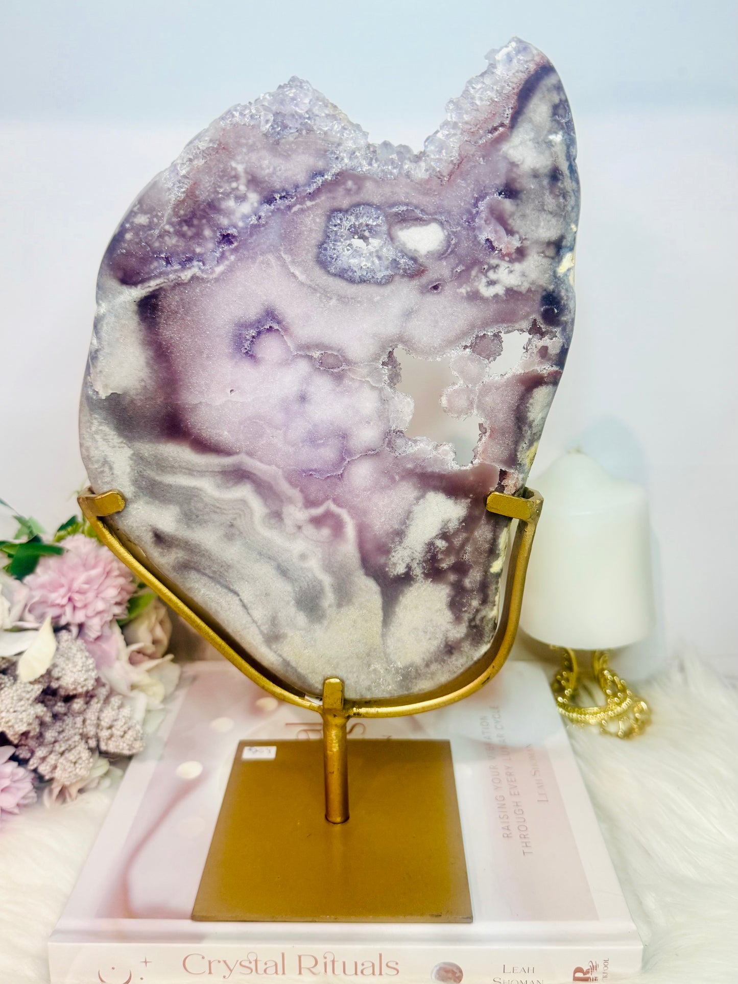 The Most Incredible High Grade Druzy Pink Amethyst Natural Slab On Gold Stand 1.56KG 30cm