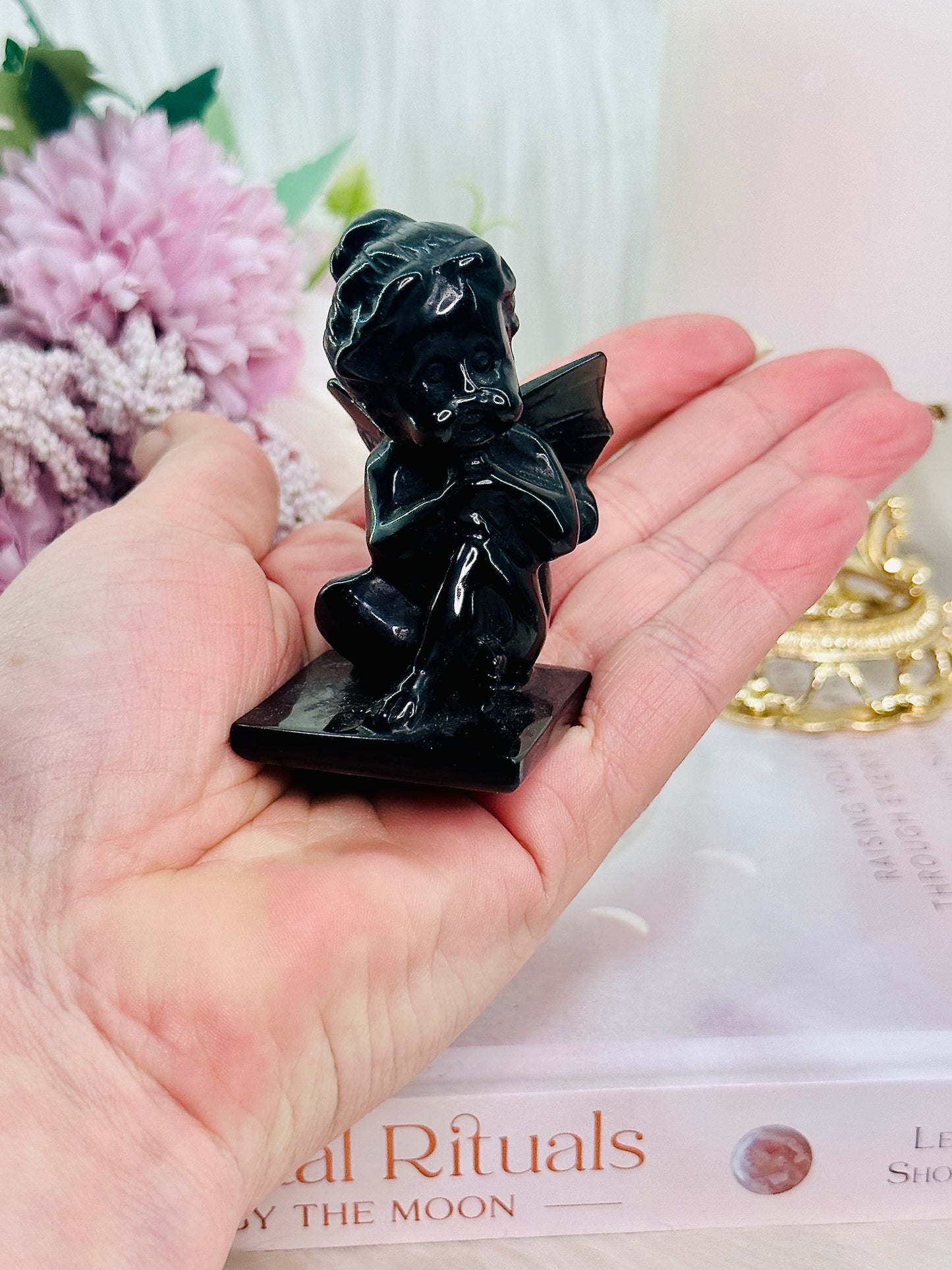 The Cutest Black Obsidian Carved Cherub / Baby Angel