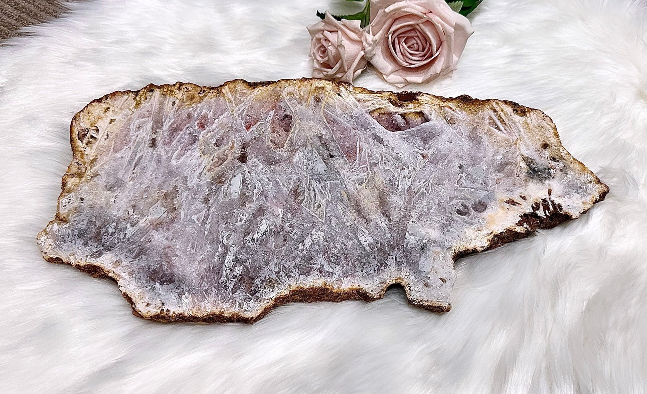 Classy & Fabulous ~ The Most Stunning Huge 46cm 4.5KG Druzy Pink Amethyst Slab | Platter Full of Crystallisation & Rutile Formation Absolutely Stunning (Timber stand is removable)