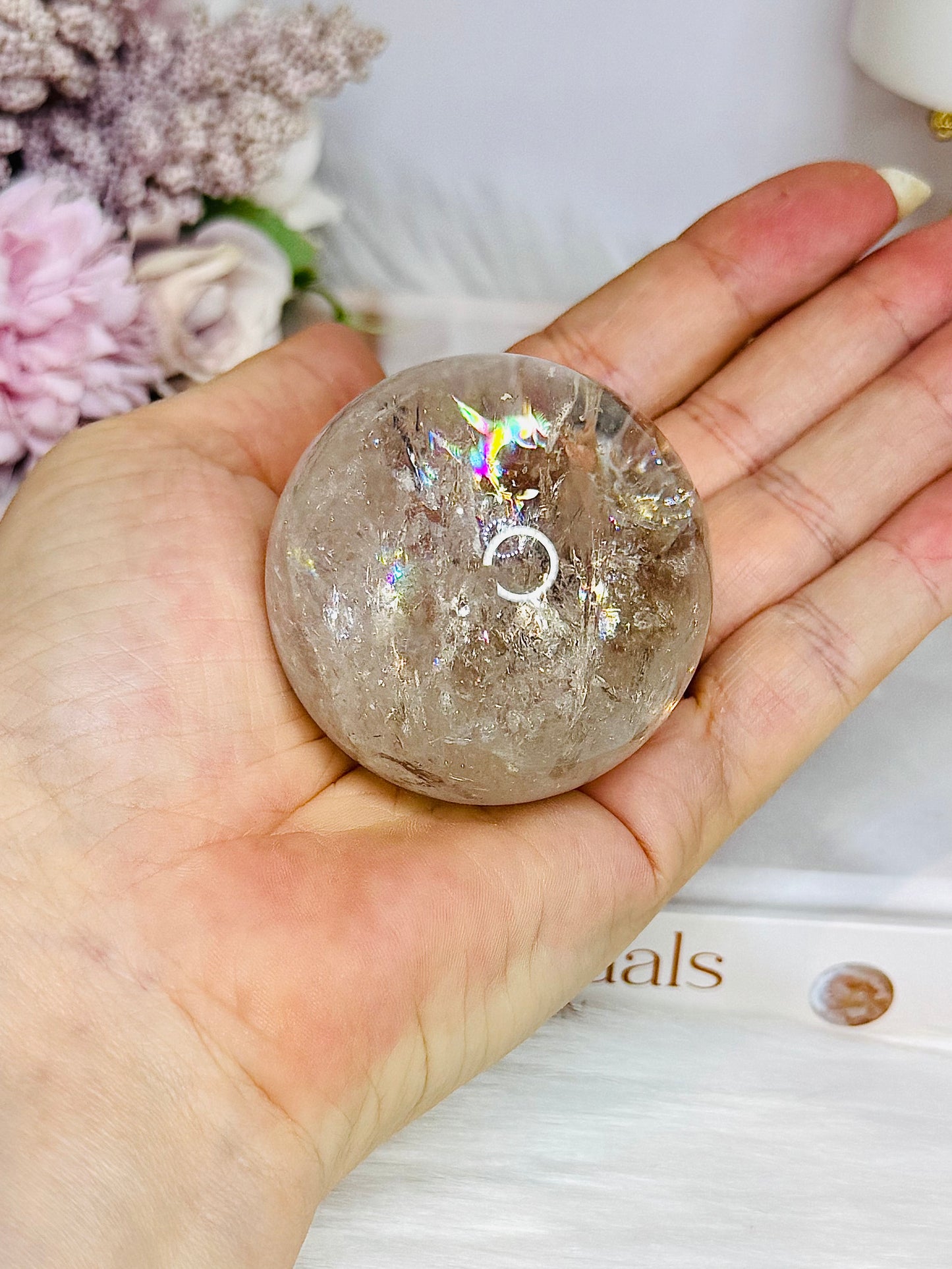 High Grade Light Smokey Quartz Sphere with Rainbows on Stand 186g