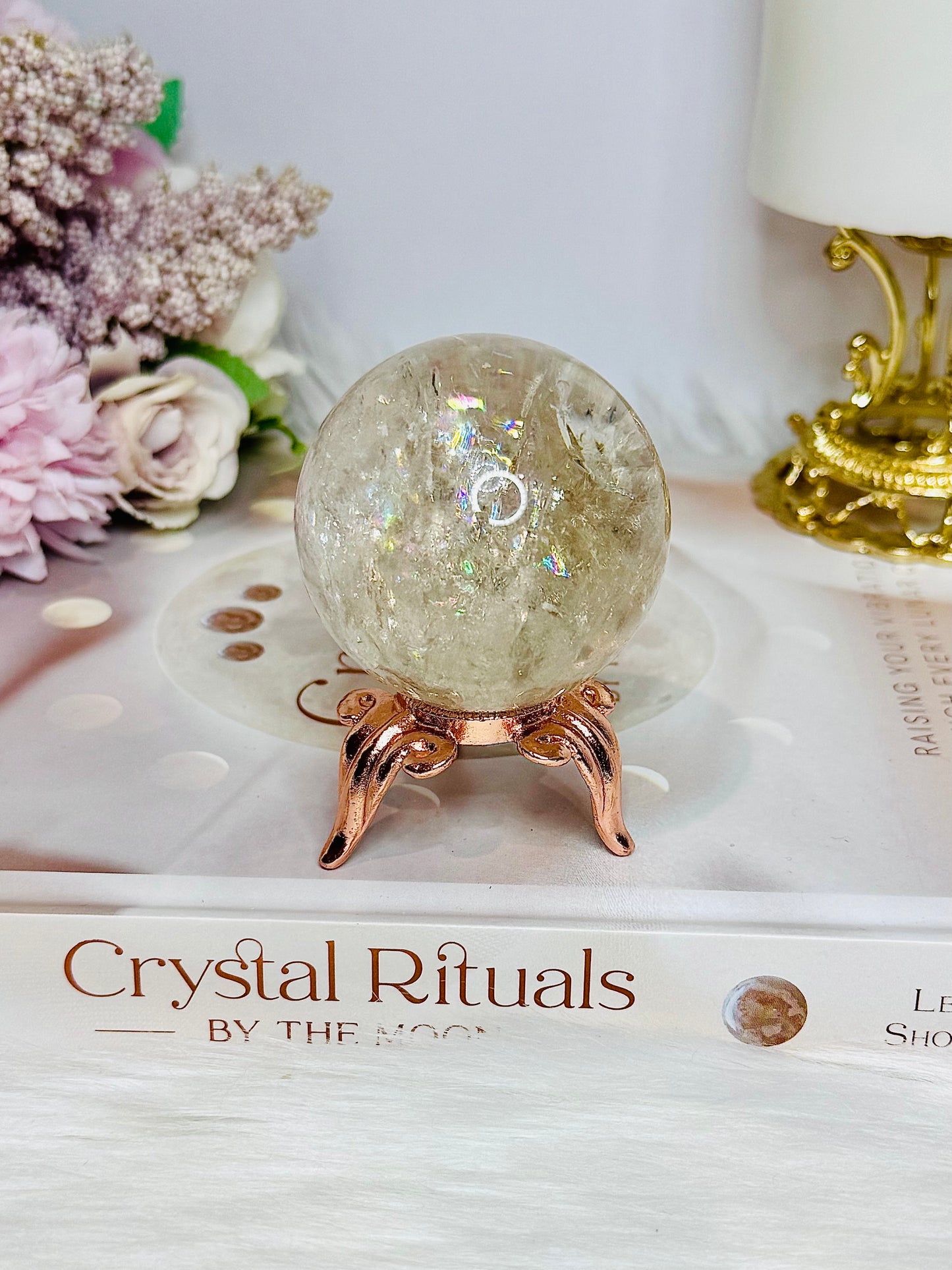 High Grade Light Smokey Quartz Sphere with Rainbows on Stand 186g