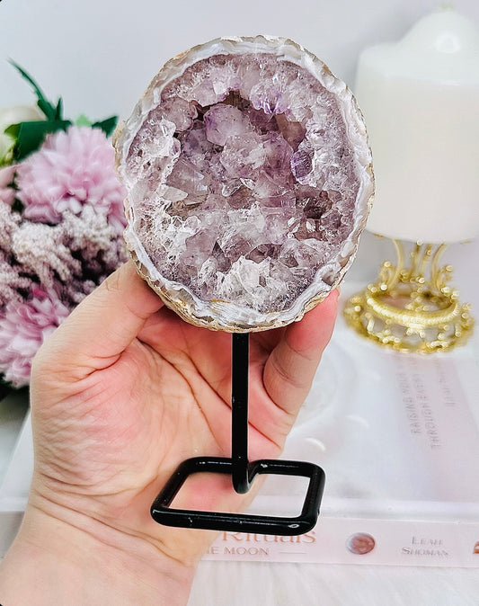 Absolutely Incredibly Gorgeous Amethyst Agate Geode On Stand From Brazil 14cm