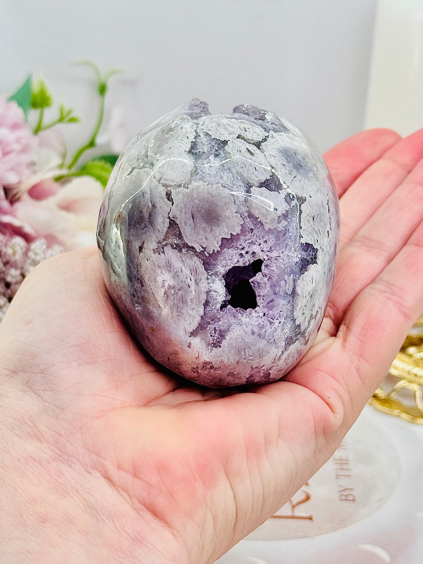 High Grade 14.5cm Druzy Pink Amethyst Freeform | Egg On Stand 558grams