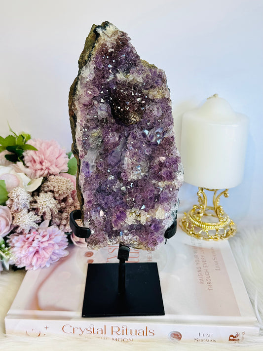 High Grade Amethyst Natural Cluster Slab with Stalactite Formations On Custom Stand 23cm 1.03KG