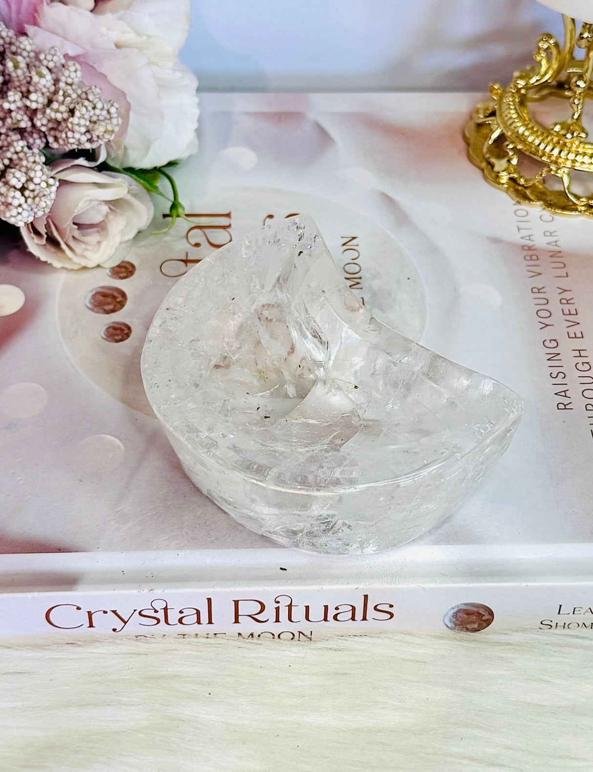 High Grade Clear Quartz Chunky Moon Bowl with Rainbows 9cm