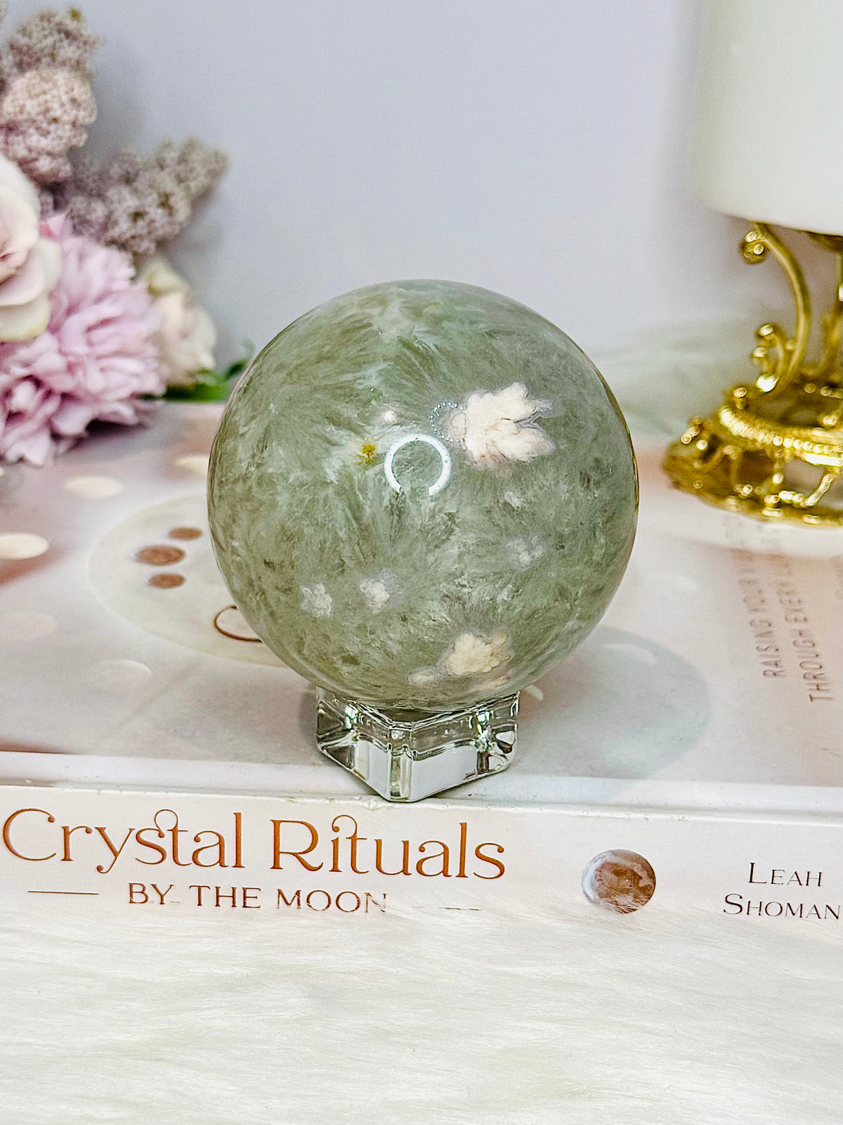 Large Green Flower Agate Sphere On Stand 369g