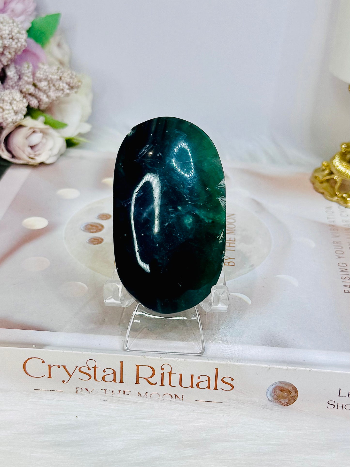 Chunky Fluorite Palm Stone (stand is display only) Reduced as chipped