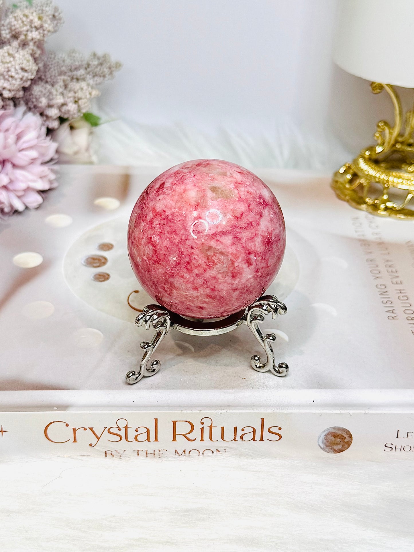 Thulite Sphere with Epidote 202g On Stand