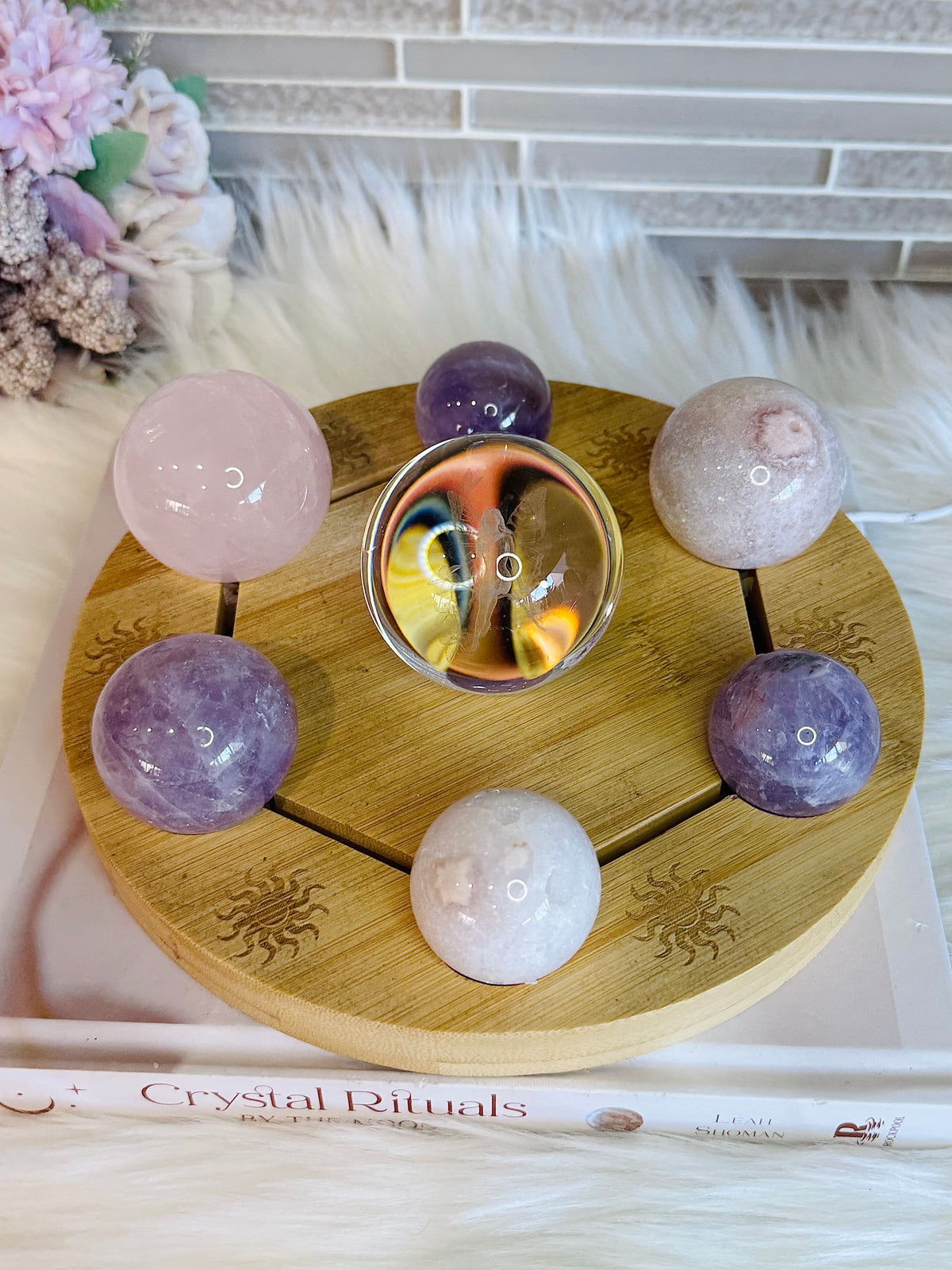 Feminine Energy ~ Large Light Stand 20cm with Glass Fairy Sphere, 3 Amethyst Spheres, Rose Quartz Sphere & 2 Pink Amethyst Spheres
