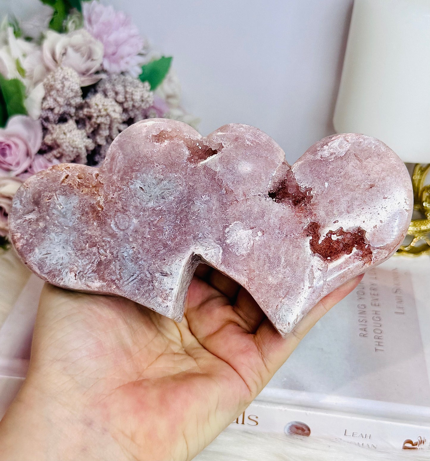 Large Pink Amethyst Druzy Double Hearts On Stand 15cm Long 471g
