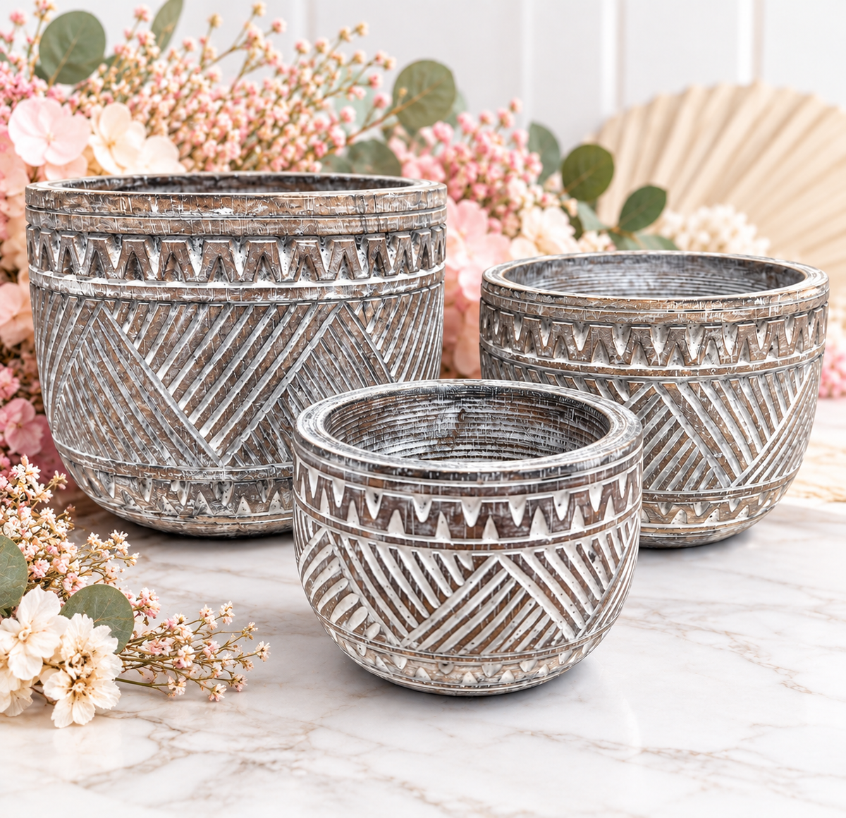 Set Of 3 Whitewash Timber Bowls L: 27cm M: 22cm S:15cm