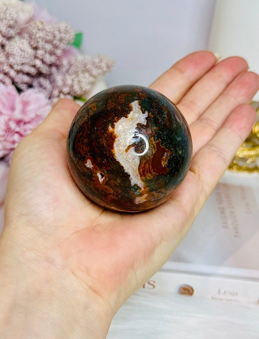 Red Moss Agate Druzy Sphere on Stand 274g