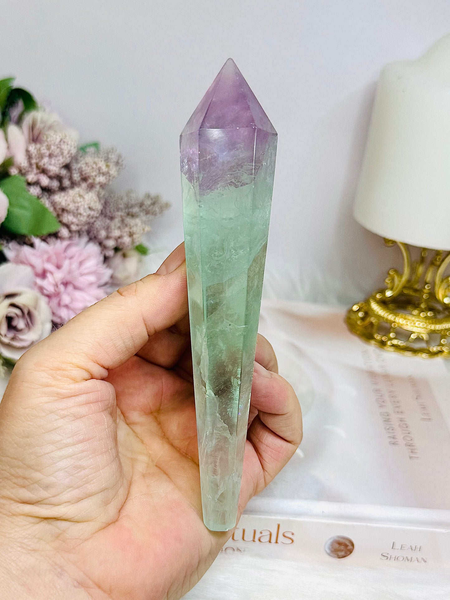 Watermelon Fluorite Wand | Tower with Rainbows 14.5cm