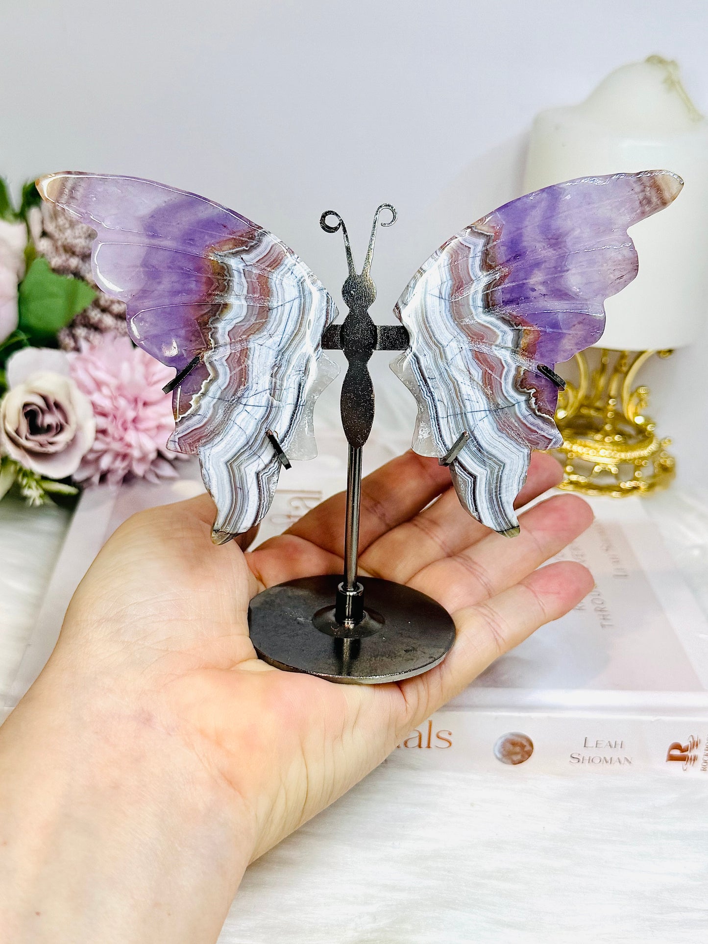 Crazy Lace Amethyst Wings on Stand 11cm