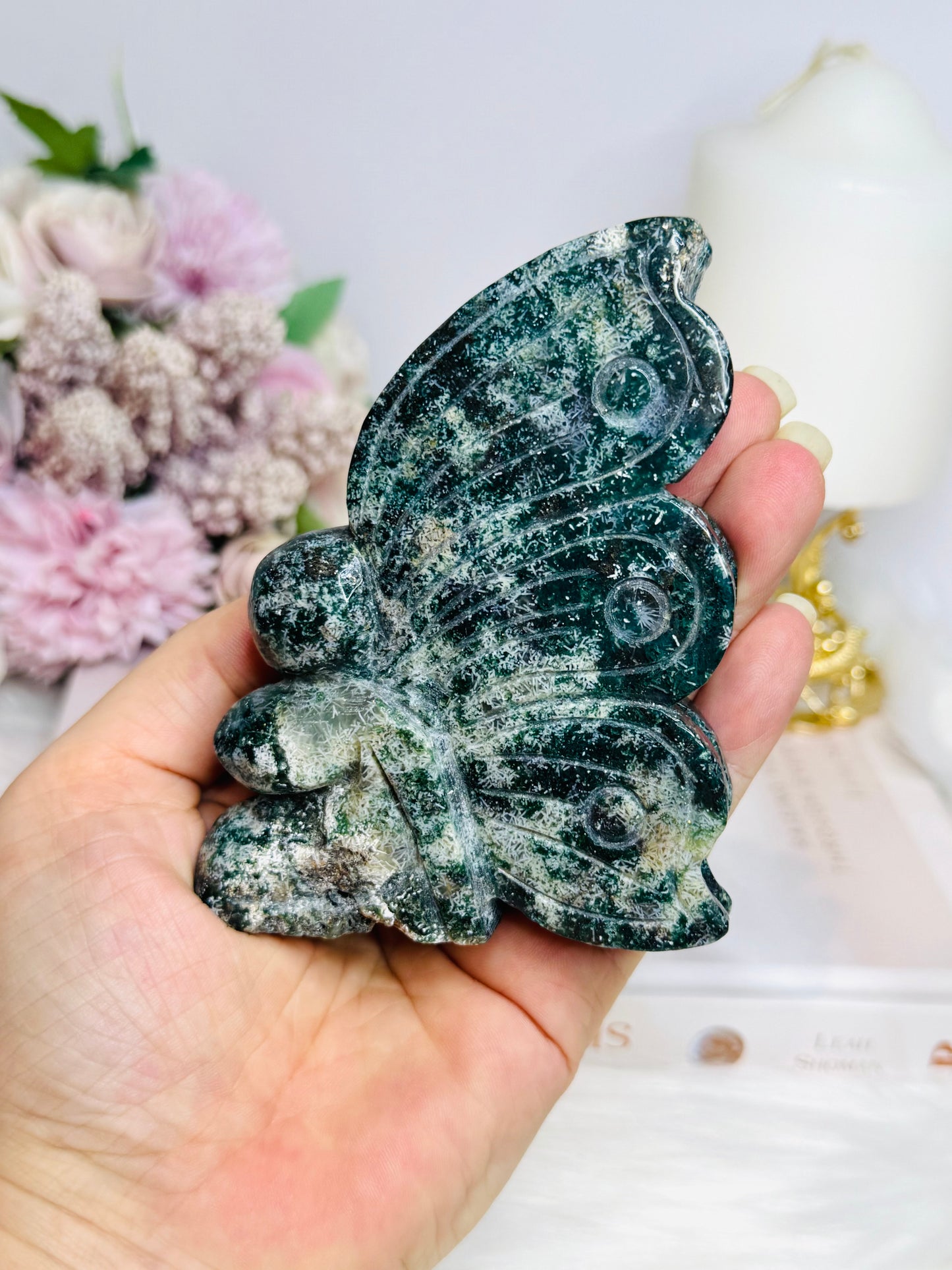 Moss Agate Carved Druzy Fairy 10cm