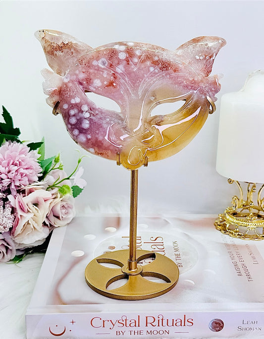 Wowww!!!!! Absolutely Incredible Large 20cm (Inc Stand) Rare Combination | Hybrid Mix Pink Amethyst X Flower Agate Mask On Gold Stand