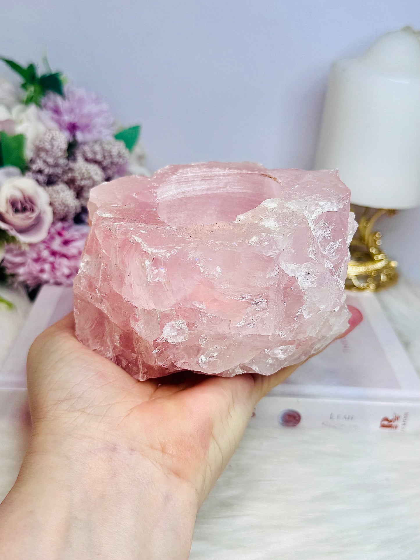 Large Chunky Rose Quartz Candle Holder 892g