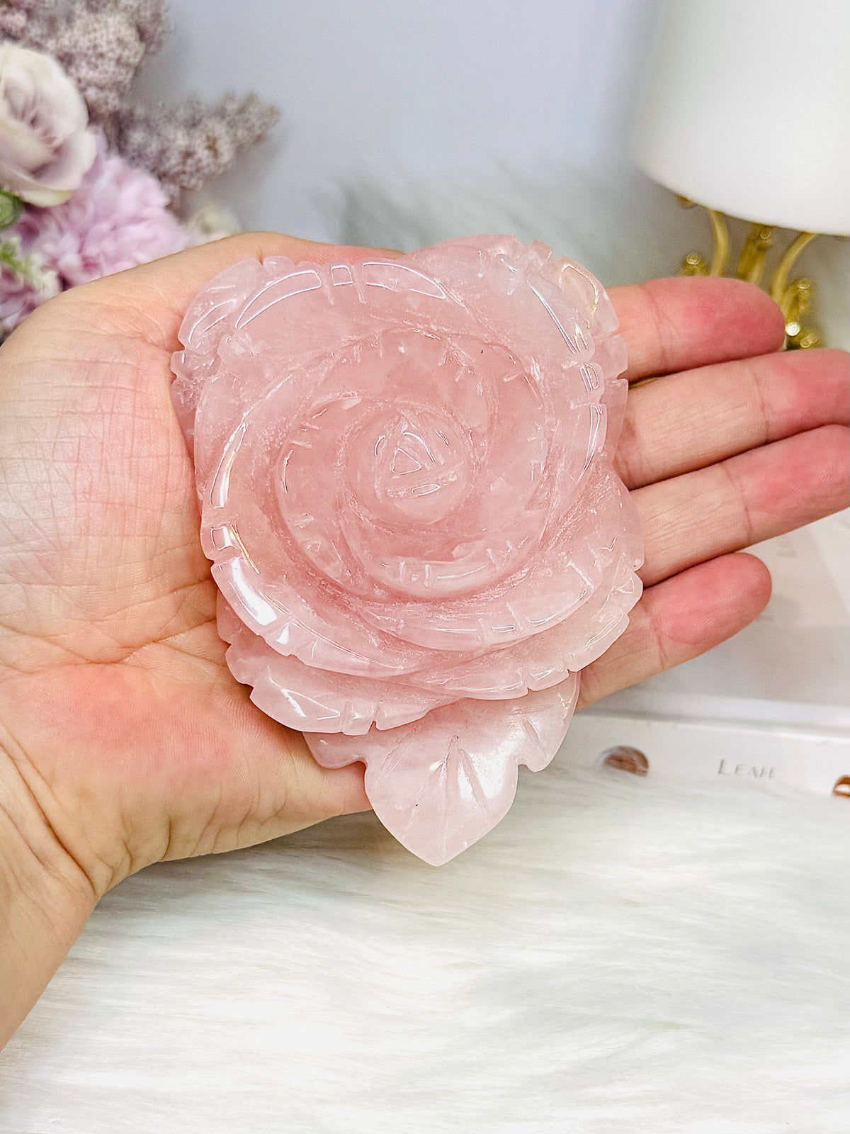 Large Rose Quartz Carved Rose 10cm