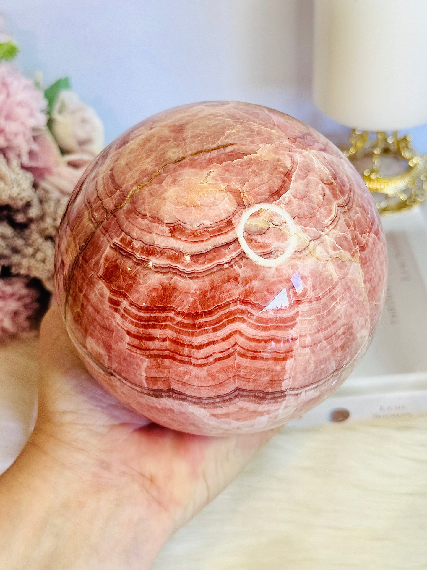 Huge 2.3KG Red Banded Calcite | Pork Stone Sphere On Stand