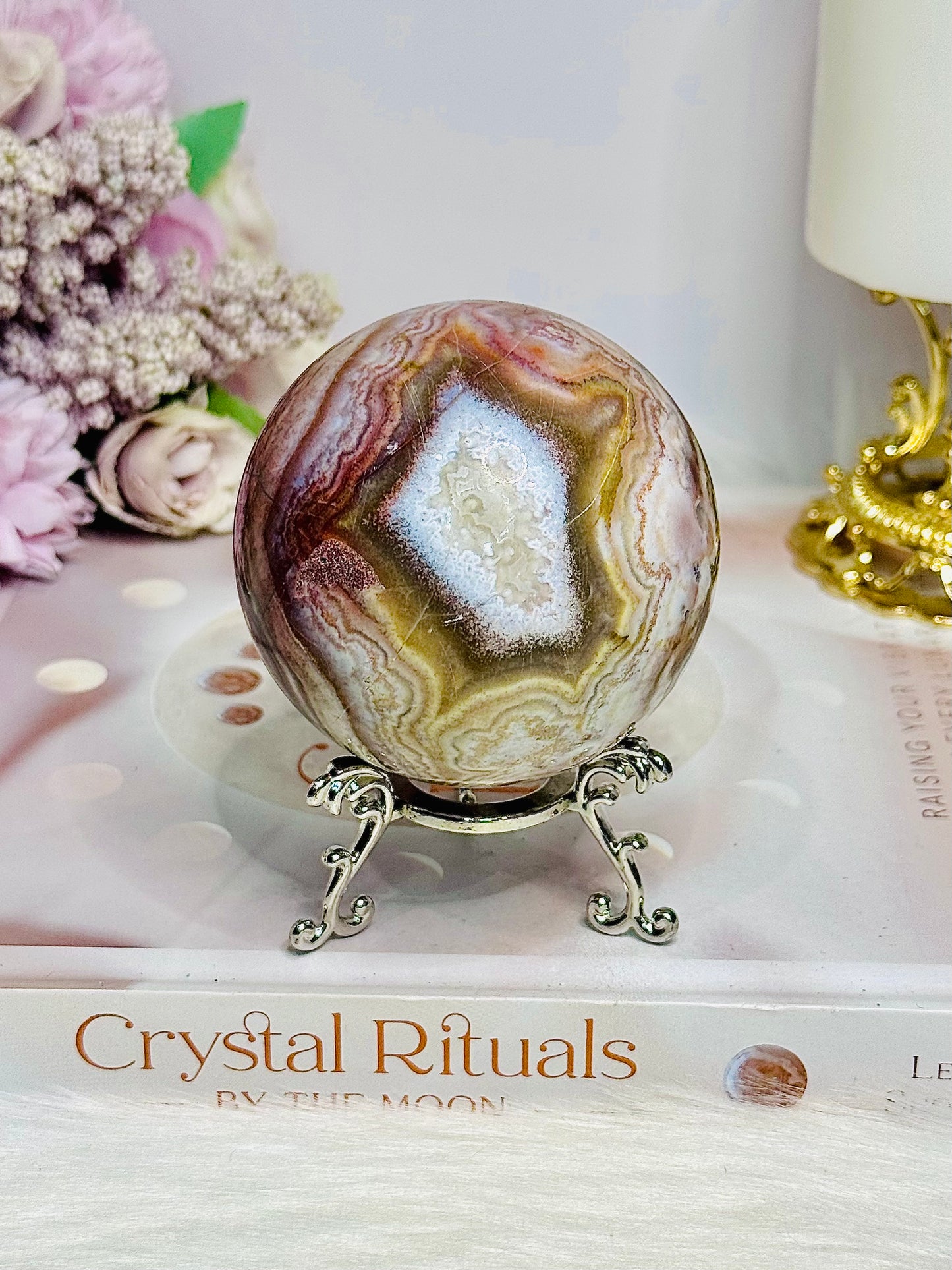 Large Mexican Crazy Lace Agate Druzy Sphere on Stand 376g