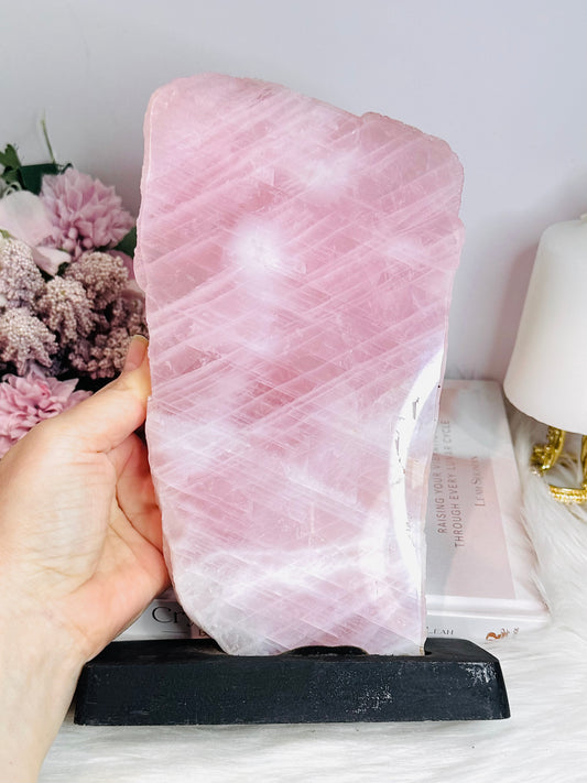 Natural Large Rose Quartz Chunky Slab on Timber Stand 1.53KG 24cm