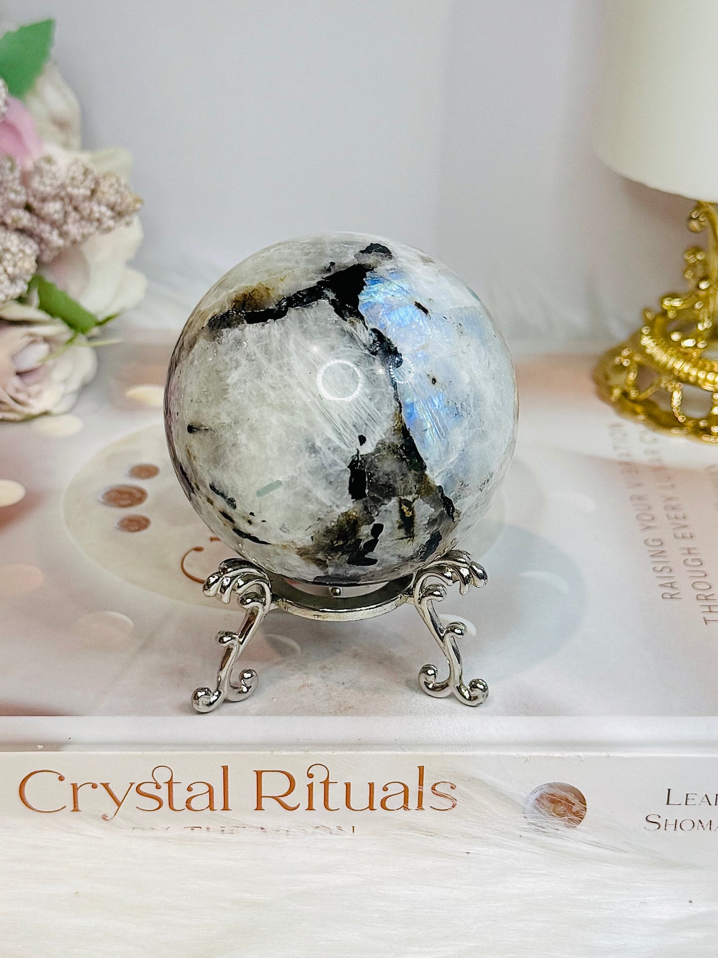 Rainbow Moonstone Sphere on Stand with Blue Flash 337g
