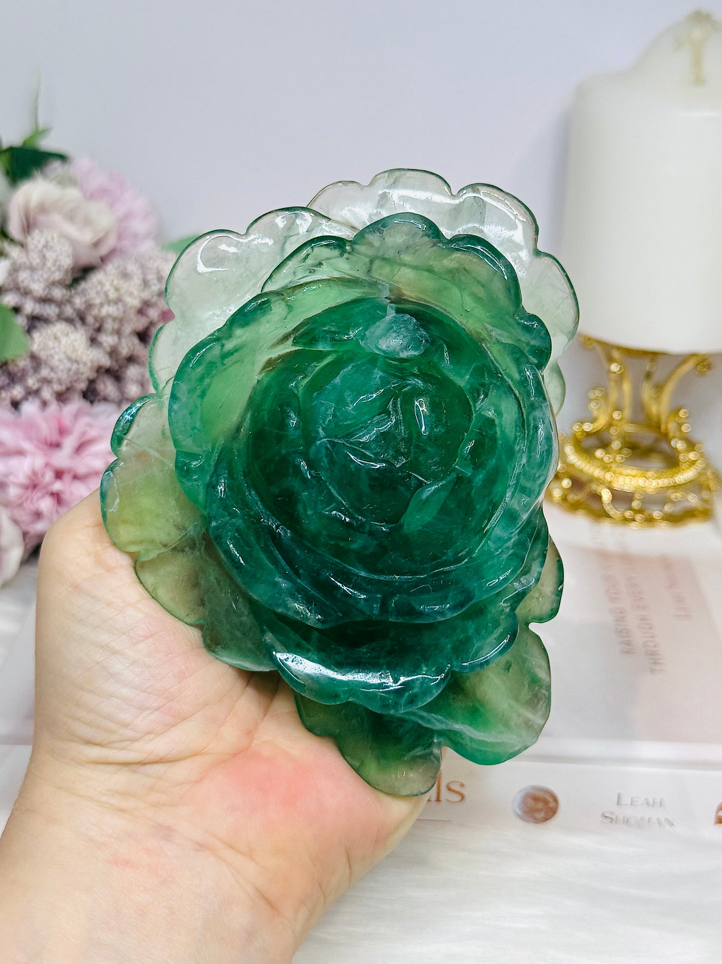 Large Green Fluorite Carved Flower 13cm