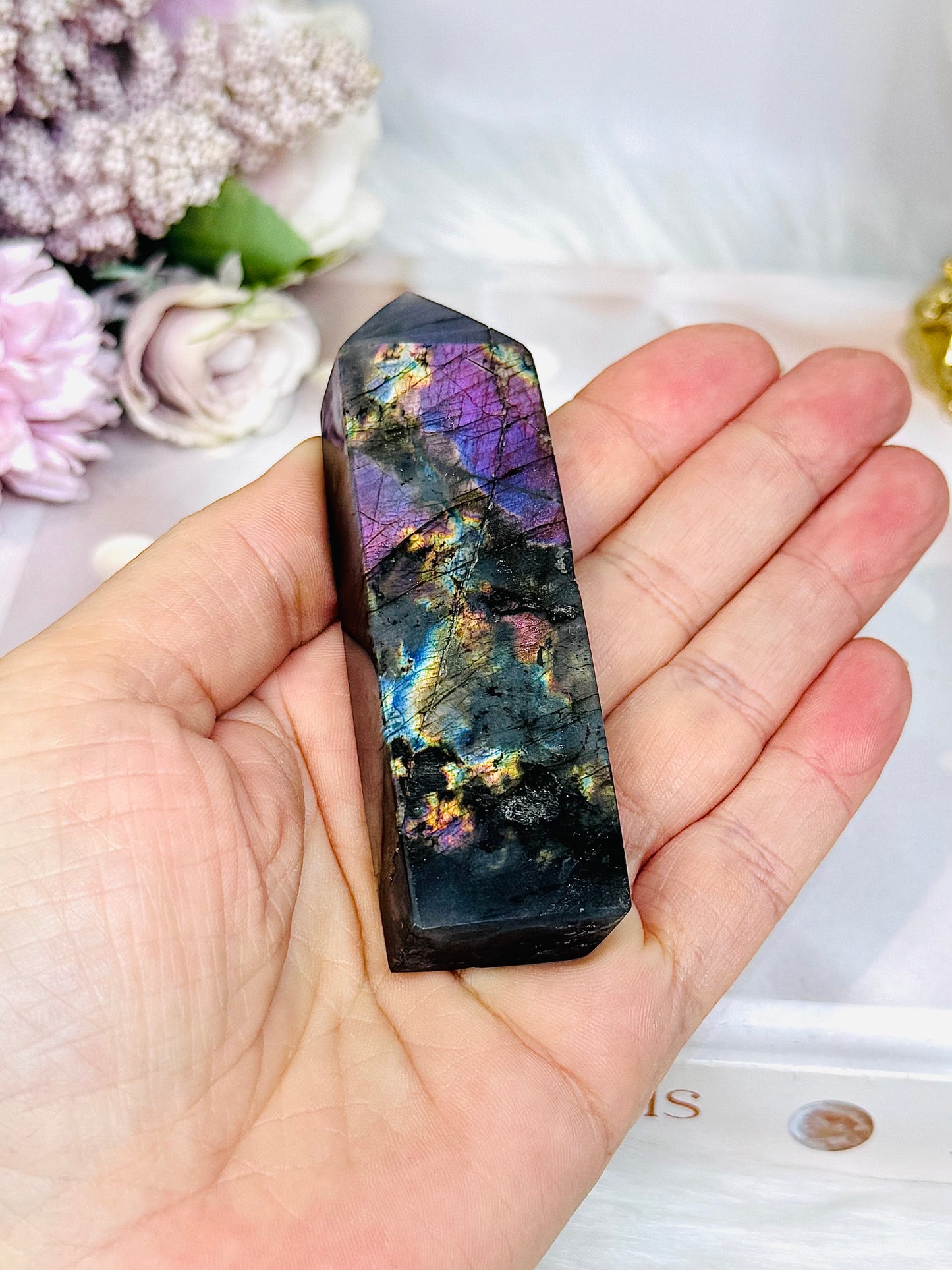 High Grade Labradorite Tower with Purple Flash 9cm (natural line in stone)