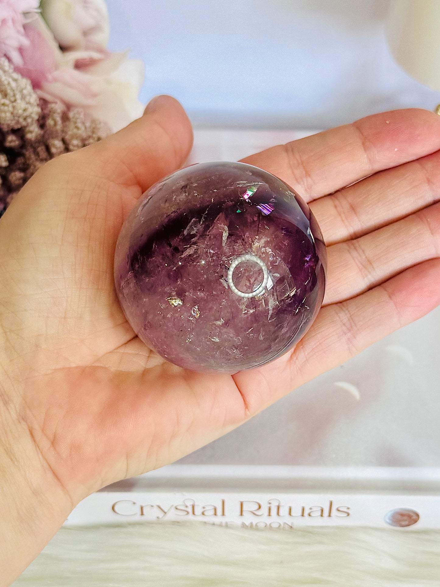 Incredible Phantom Amethyst Sphere with Rainbows 261grams On Stand