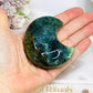 Chunky Moss Agate Carved Moon On Stand 7cm