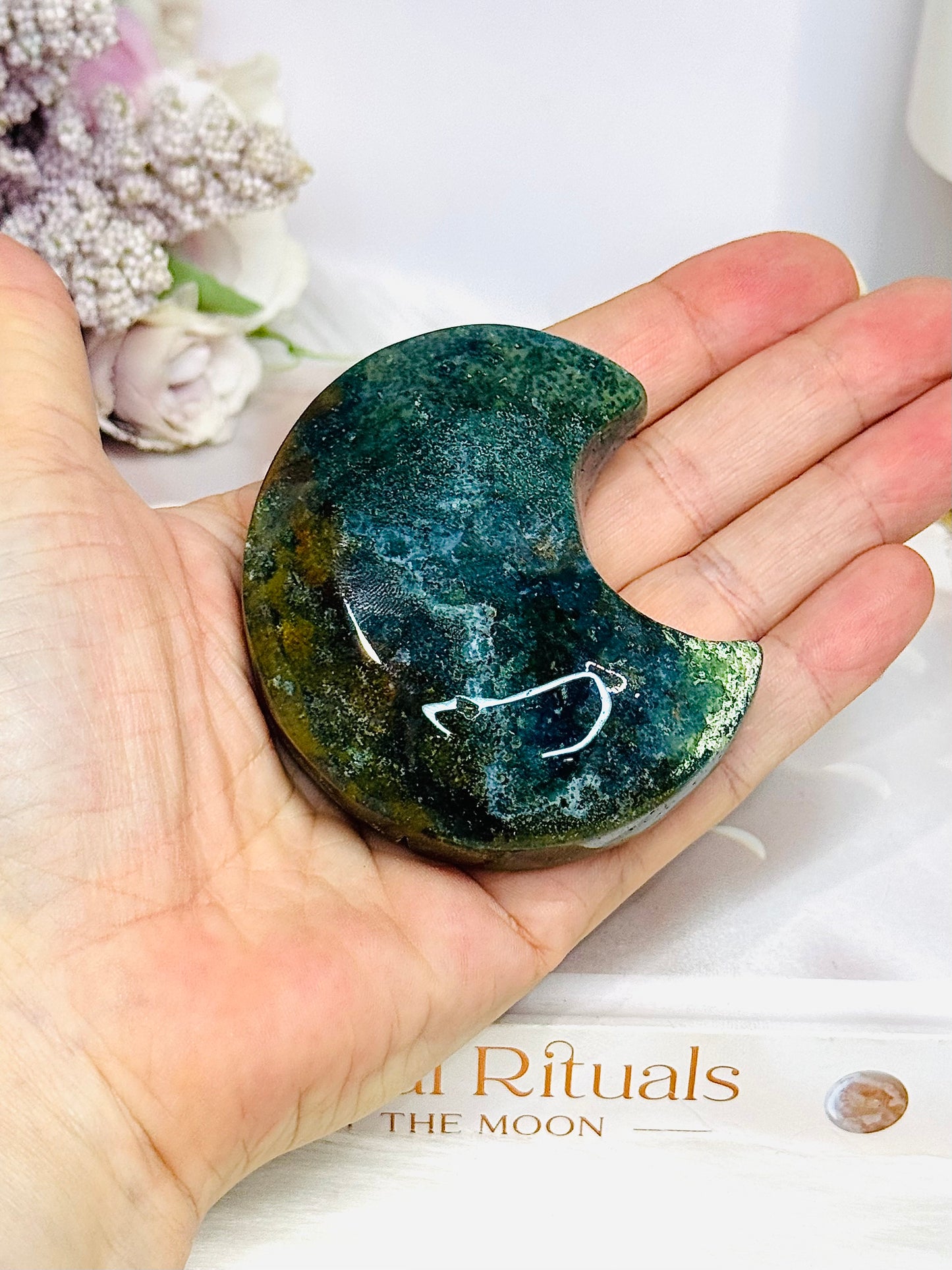Chunky Moss Agate Carved Moon On Stand 7cm