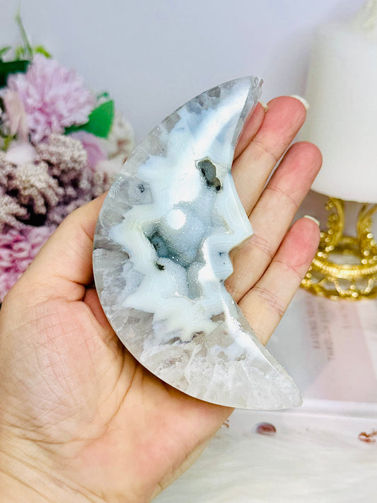 Druzy Agate Carved Moon 12cm