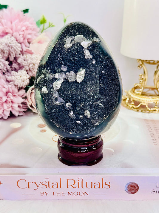 Calming Stone ~ Natural Stunning Large 702gram Septarian Nodule | Dragon Druzy Egg With Beautiful Calcite Including On Stand