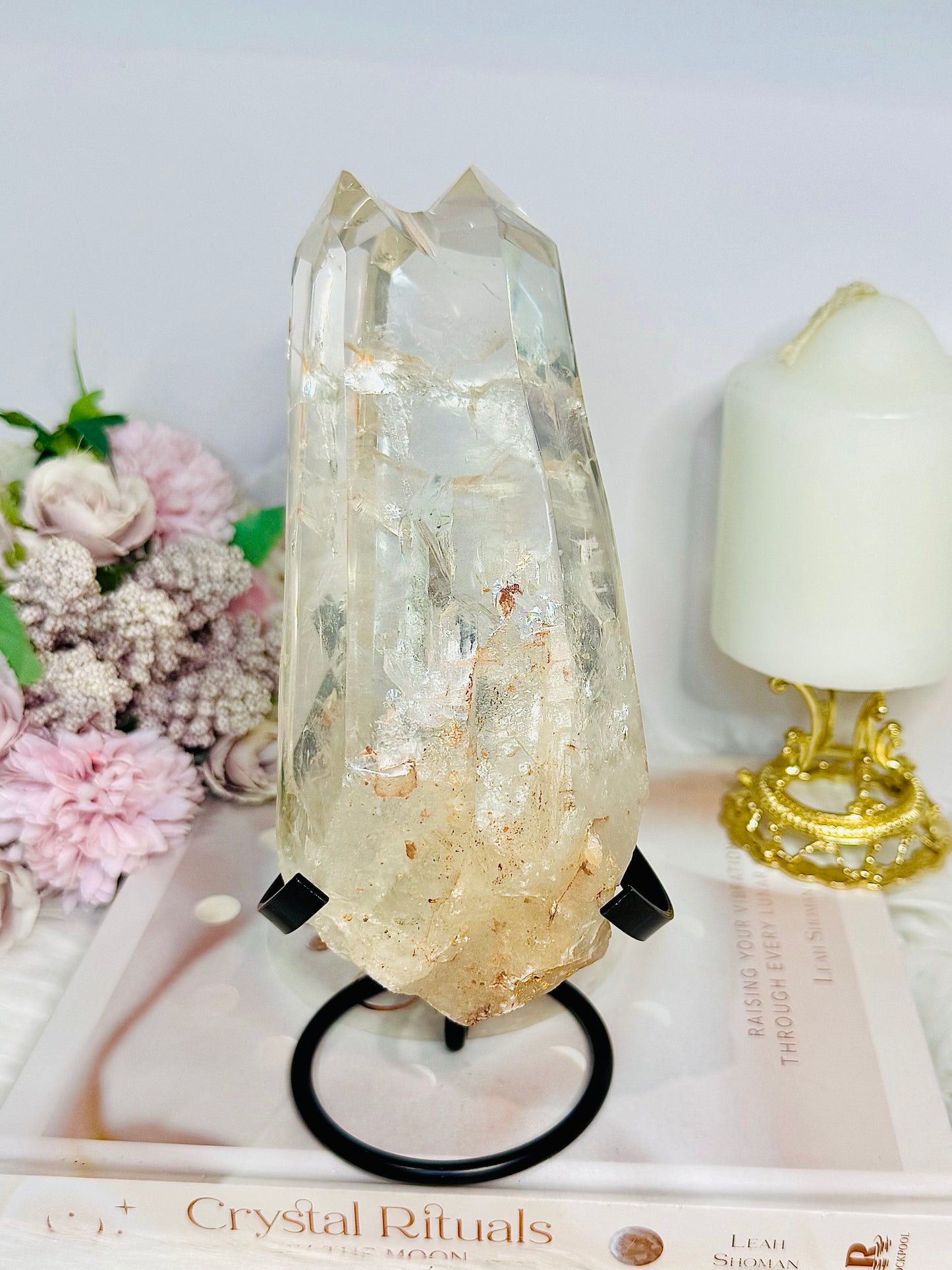 High Grade Clear Quartz Twin | Double Tower with Rainbows on Stand 18.5cm 961g