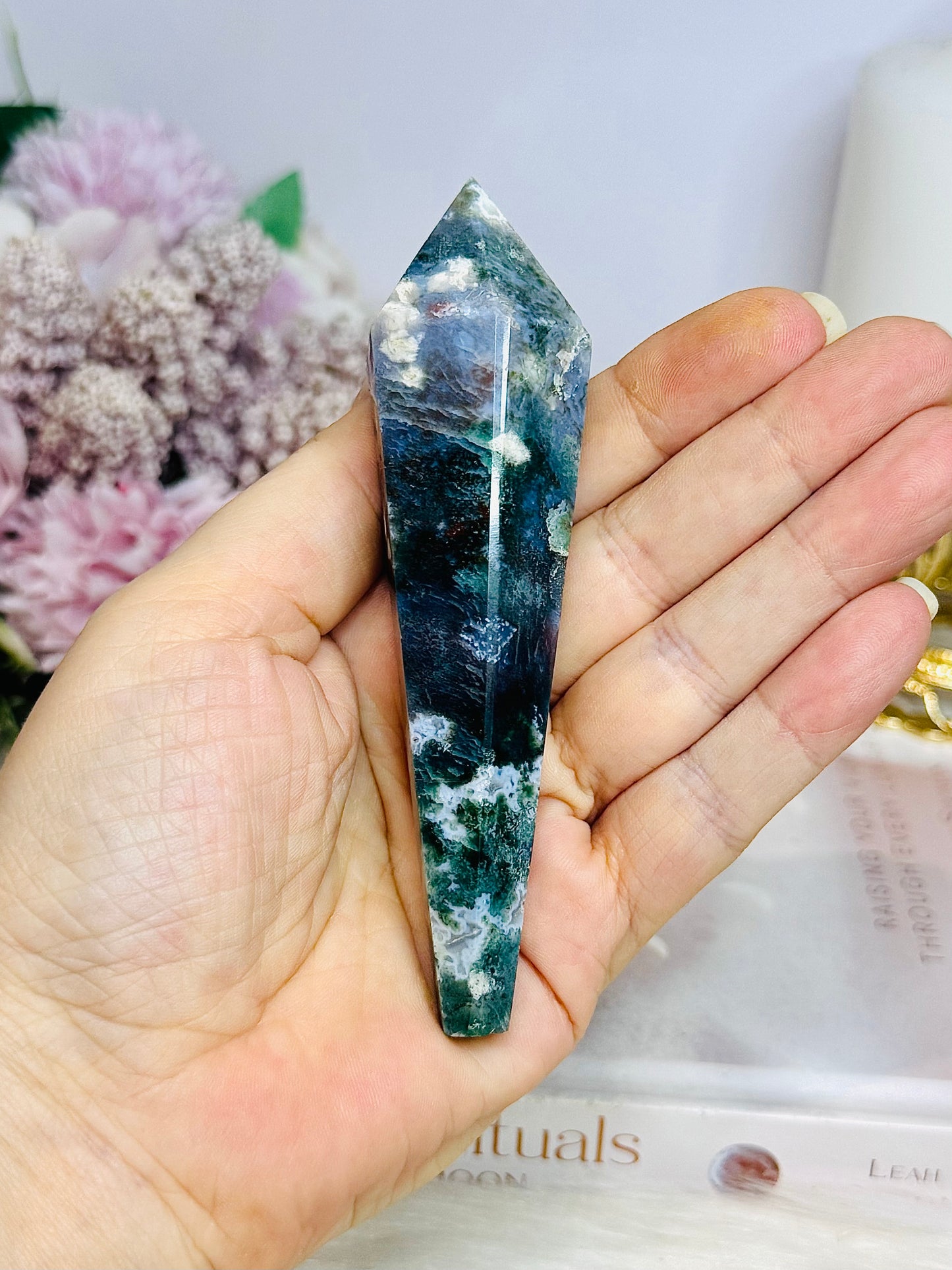 Moss Agate Tower | Wand on Stand 14cm