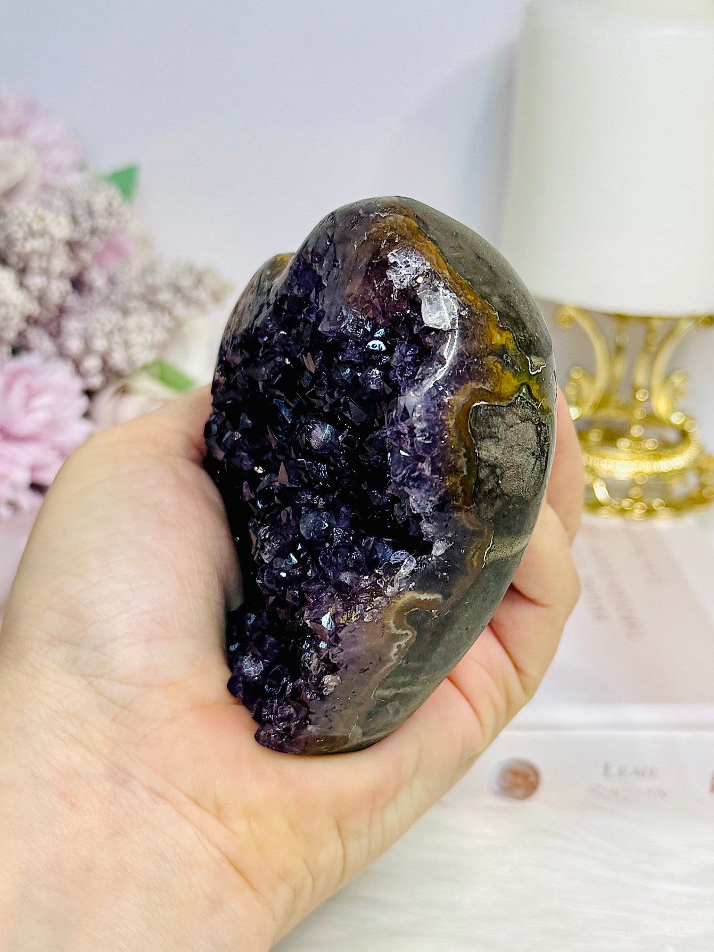 Large High Grade Amethyst Cluster Heart on Stand 414g