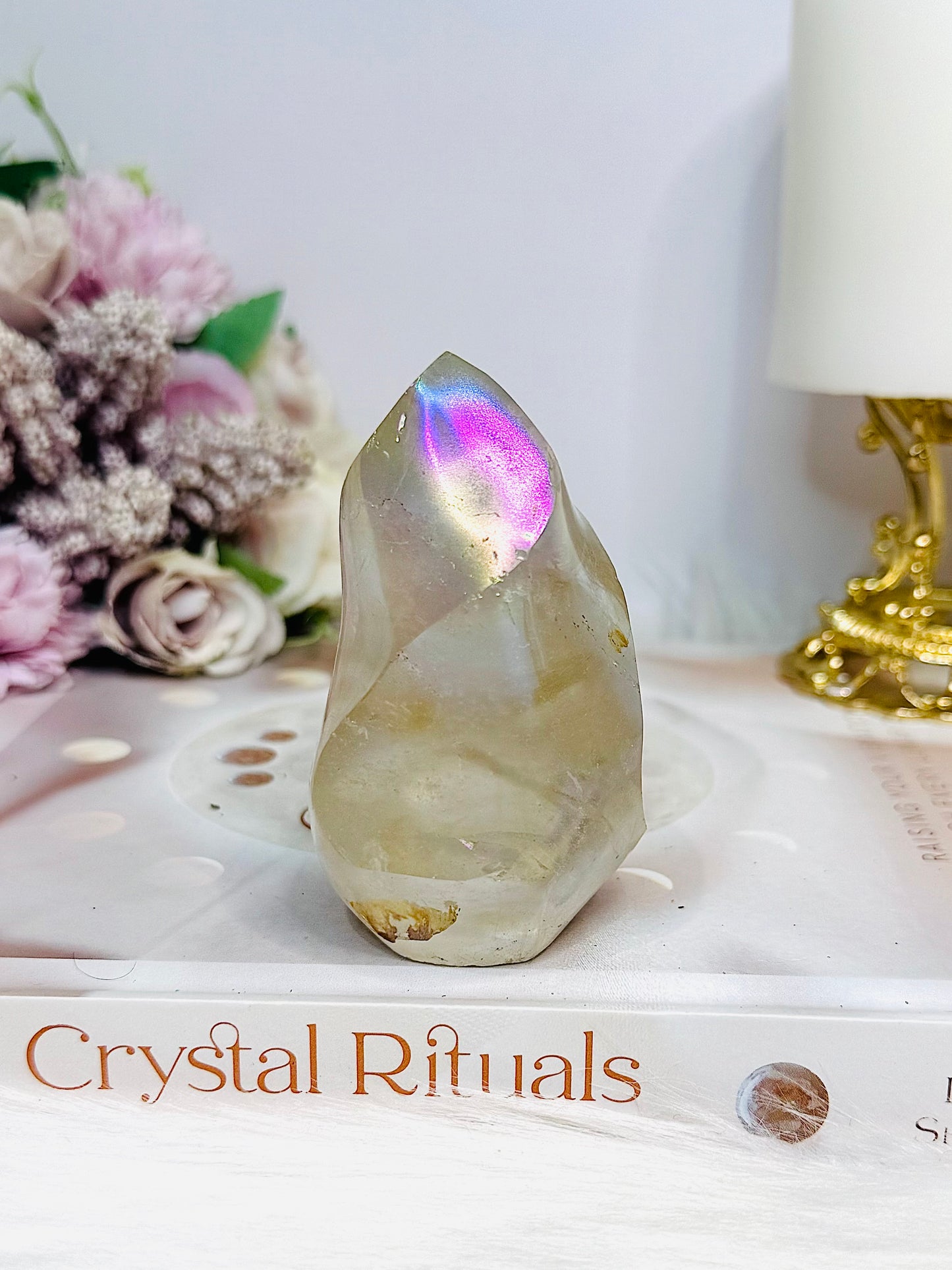 Angel Aura Quartz Carved Flame 8cm (imperfection in back) $39 x