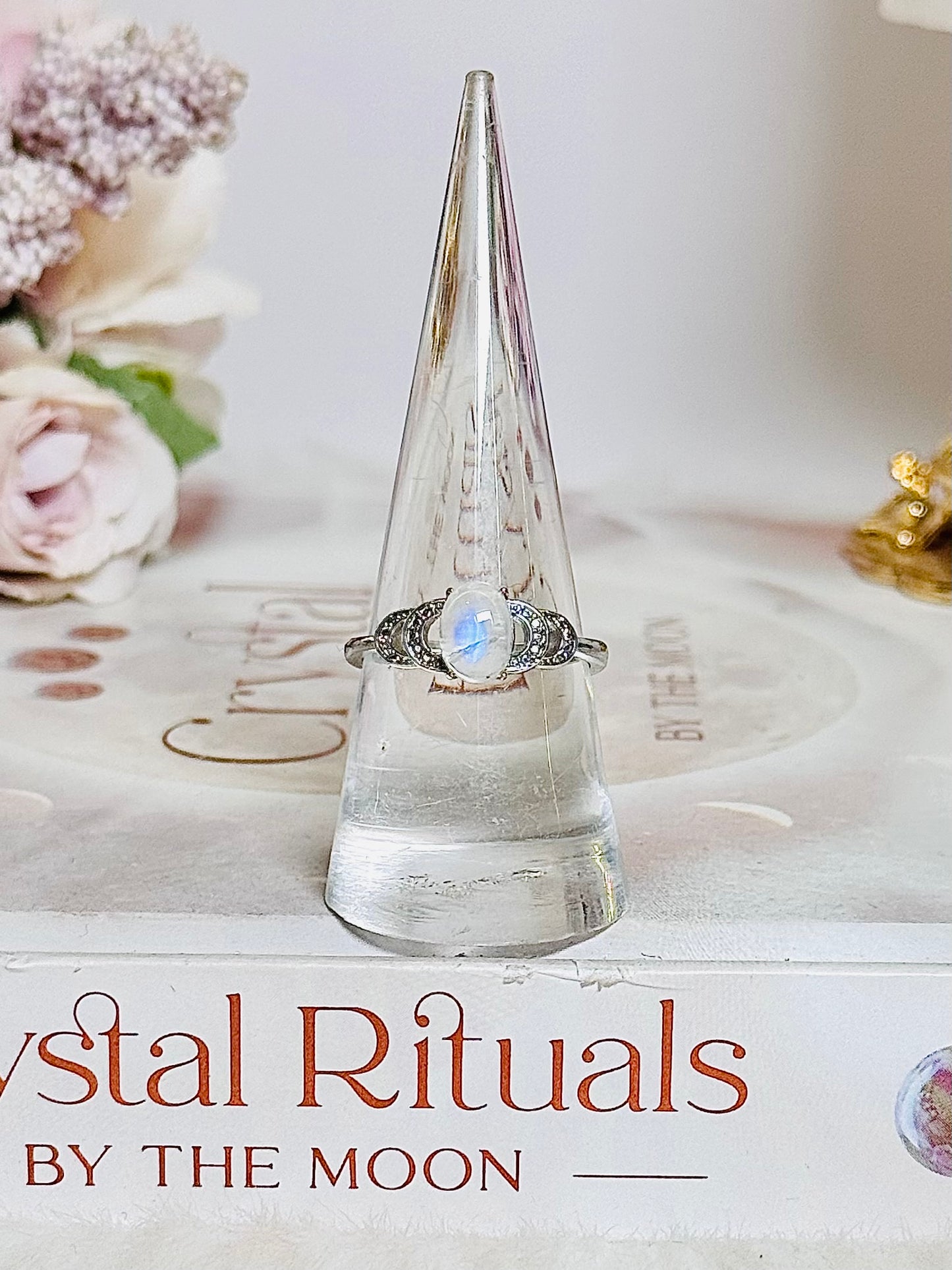 Gorgeous Rainbow Moonstone Adjustable Ring with Blue Flash In Gift Bag