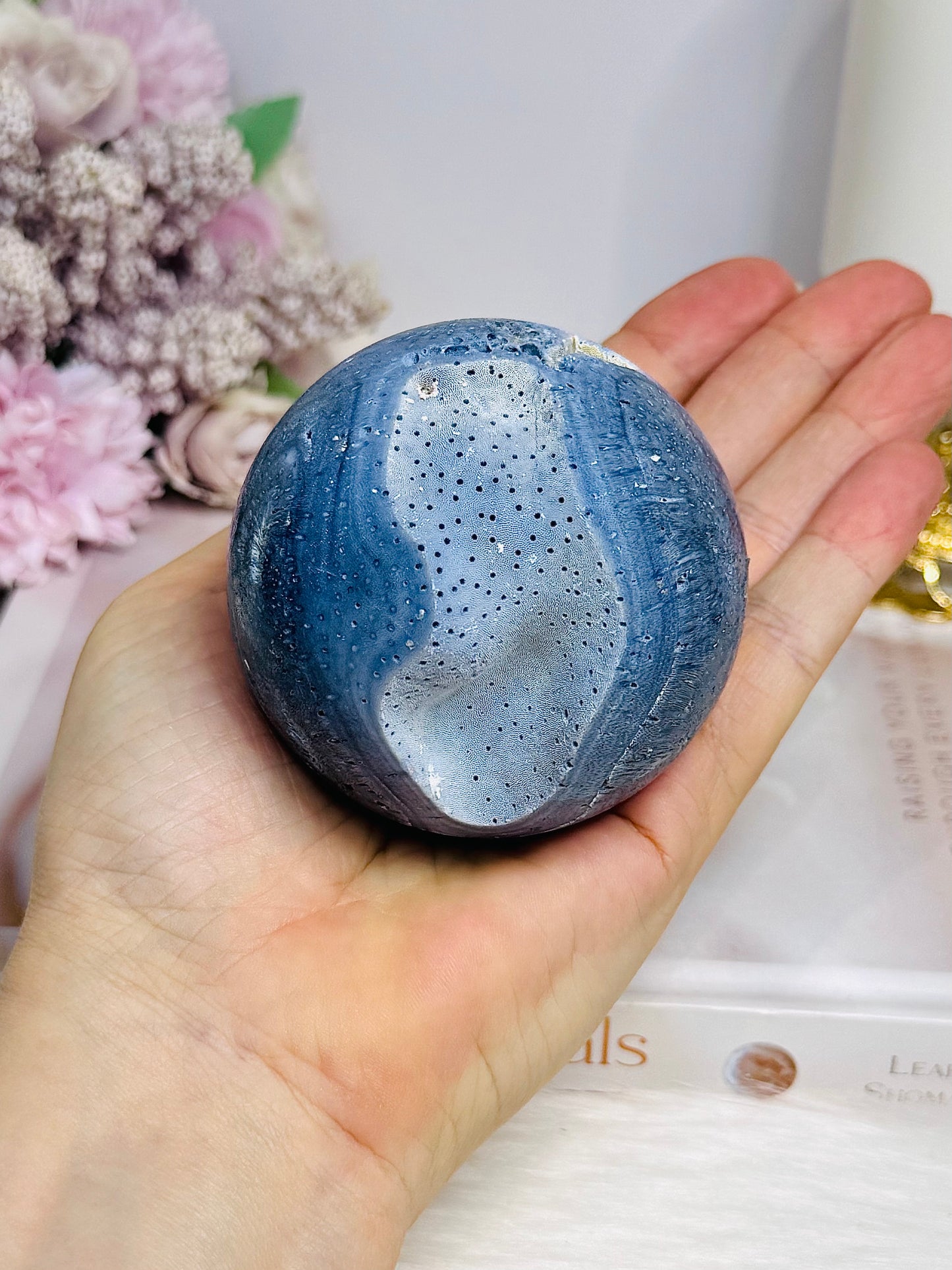 Rare Blue Coral Fossil Sphere on Stand 305g