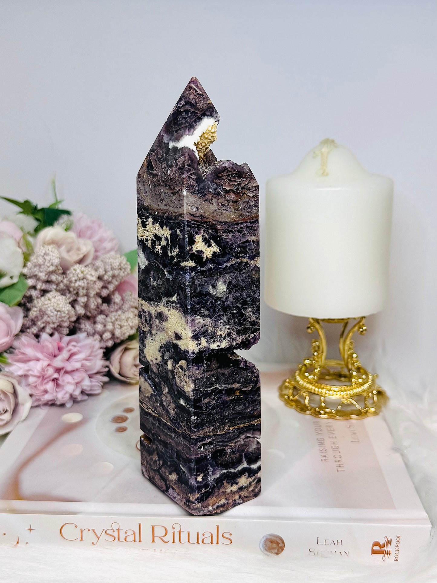 Large Purple Fluorite X Sphalerite Druzy Tower 19cm 768g