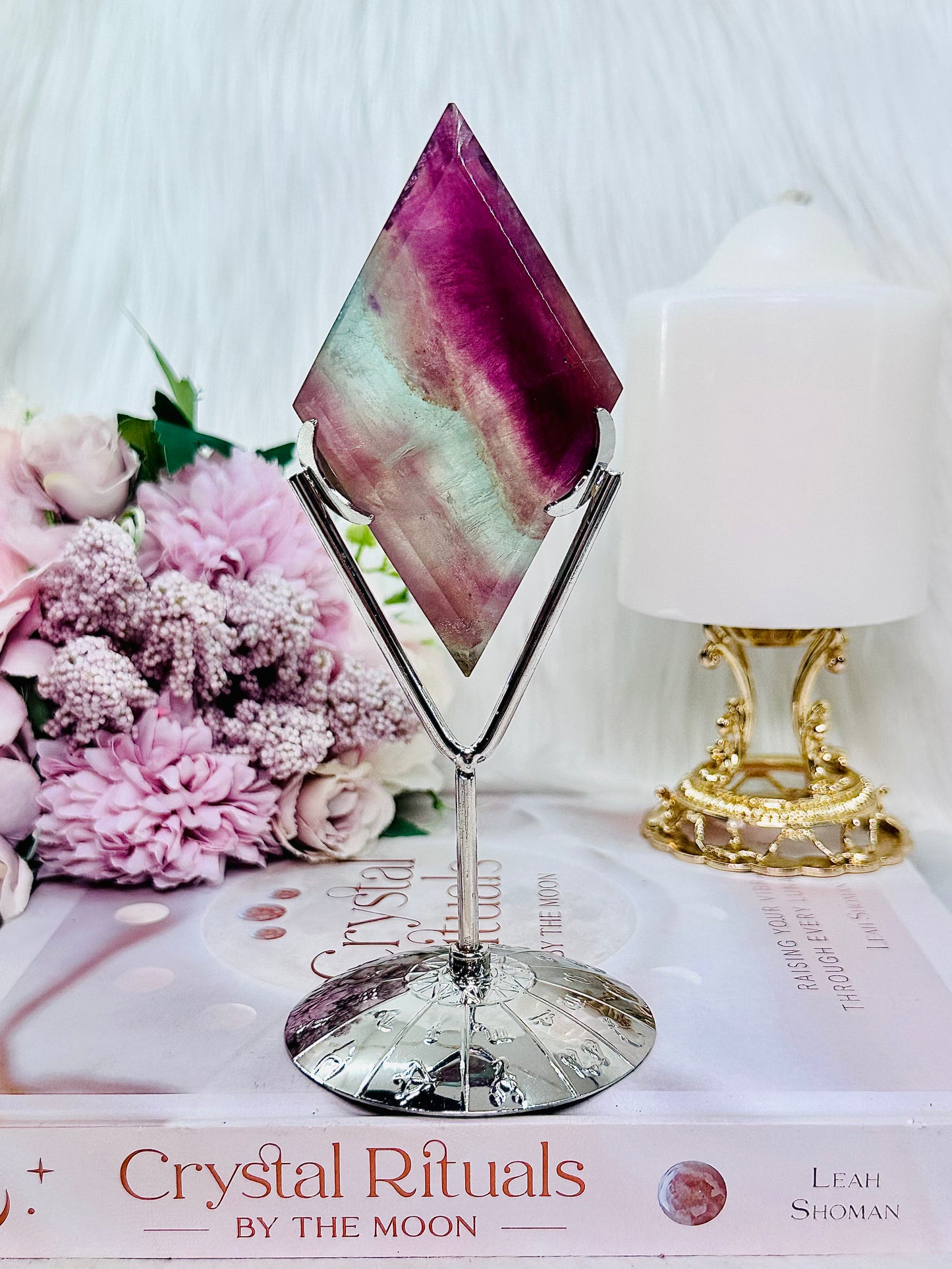 Classy & Fabulous Large 16.5cm Rainbow Fluorite Diamond | Rhombus On Silver Stand