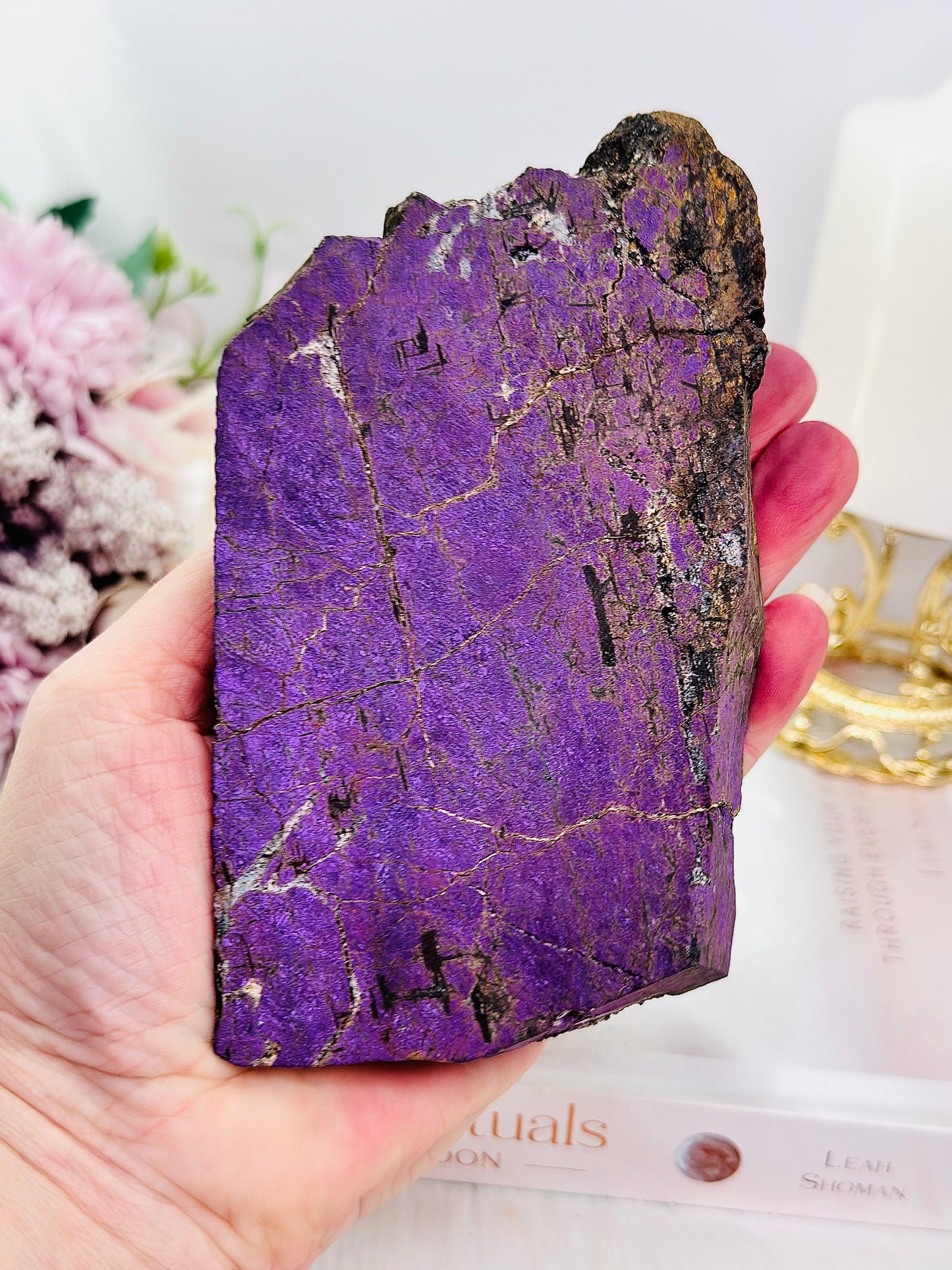 Incredible Rare Natural Velvet Purpurite Large Slab On Gold Stand 578grams