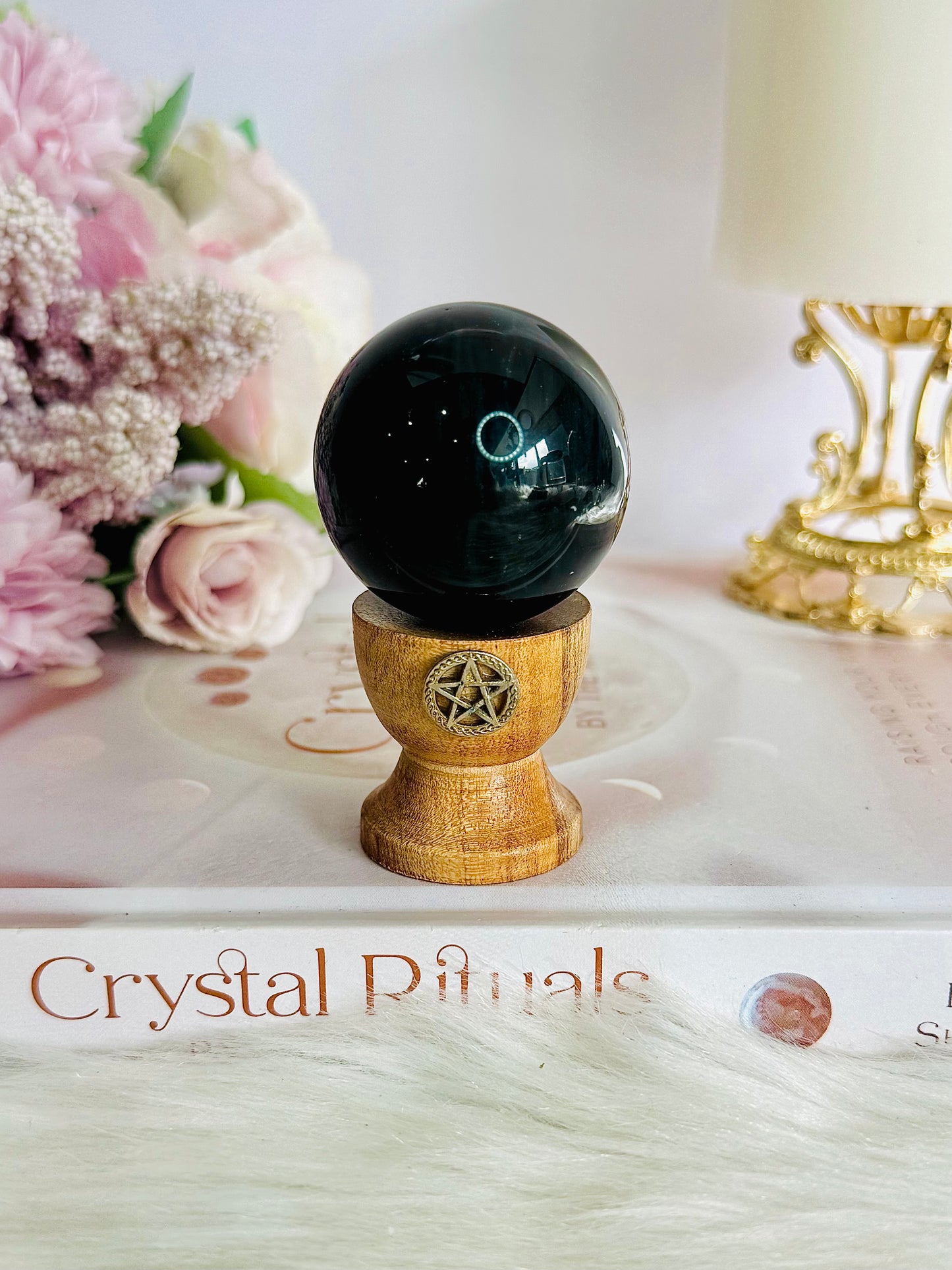 For Protection ~ Black Rainbow Obsidian Sphere on Timber Stand 7cm