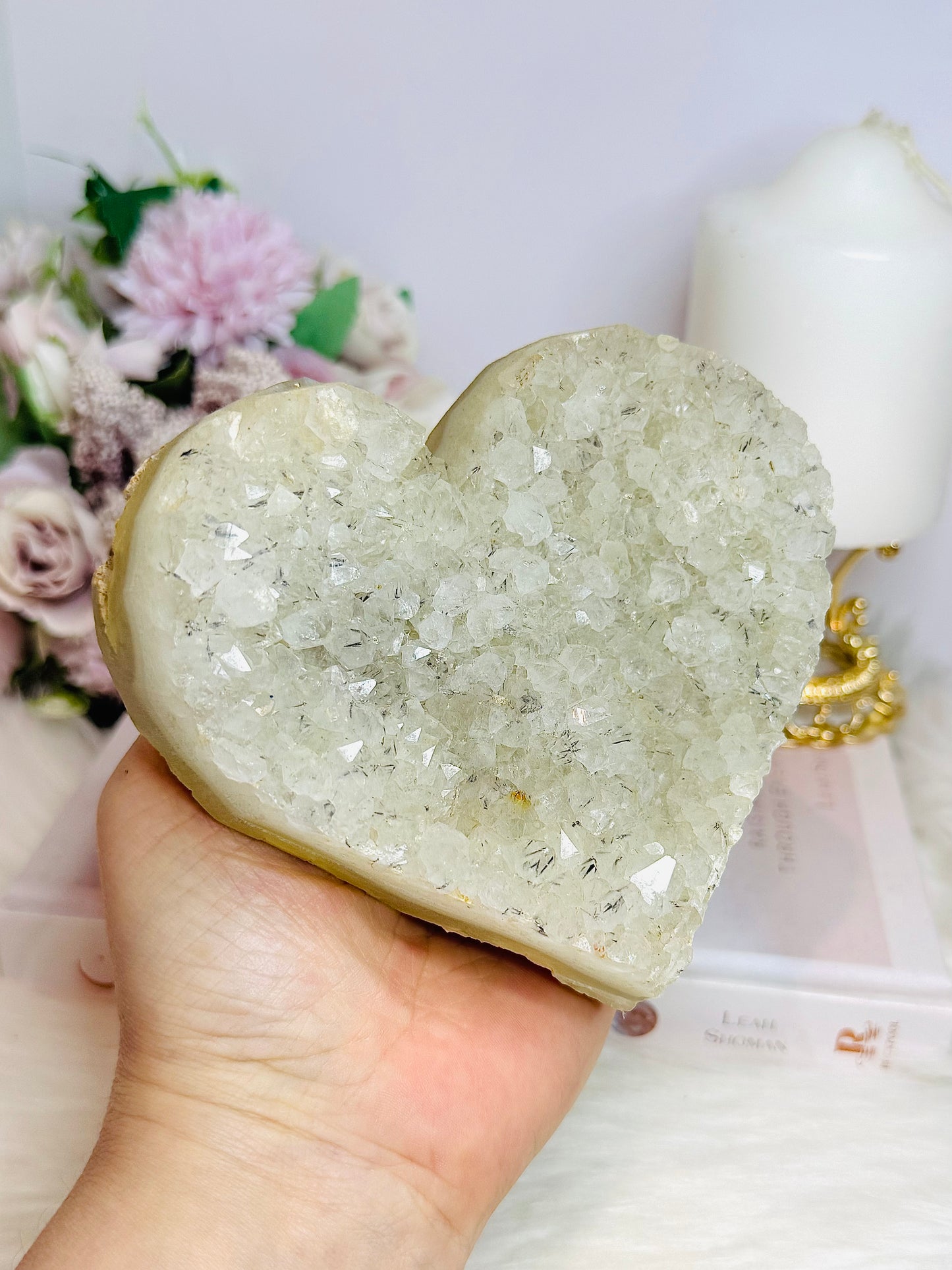 Large Quartz Cluster Carved Heart with Black Tourmaline Inclusions 12cm 801g