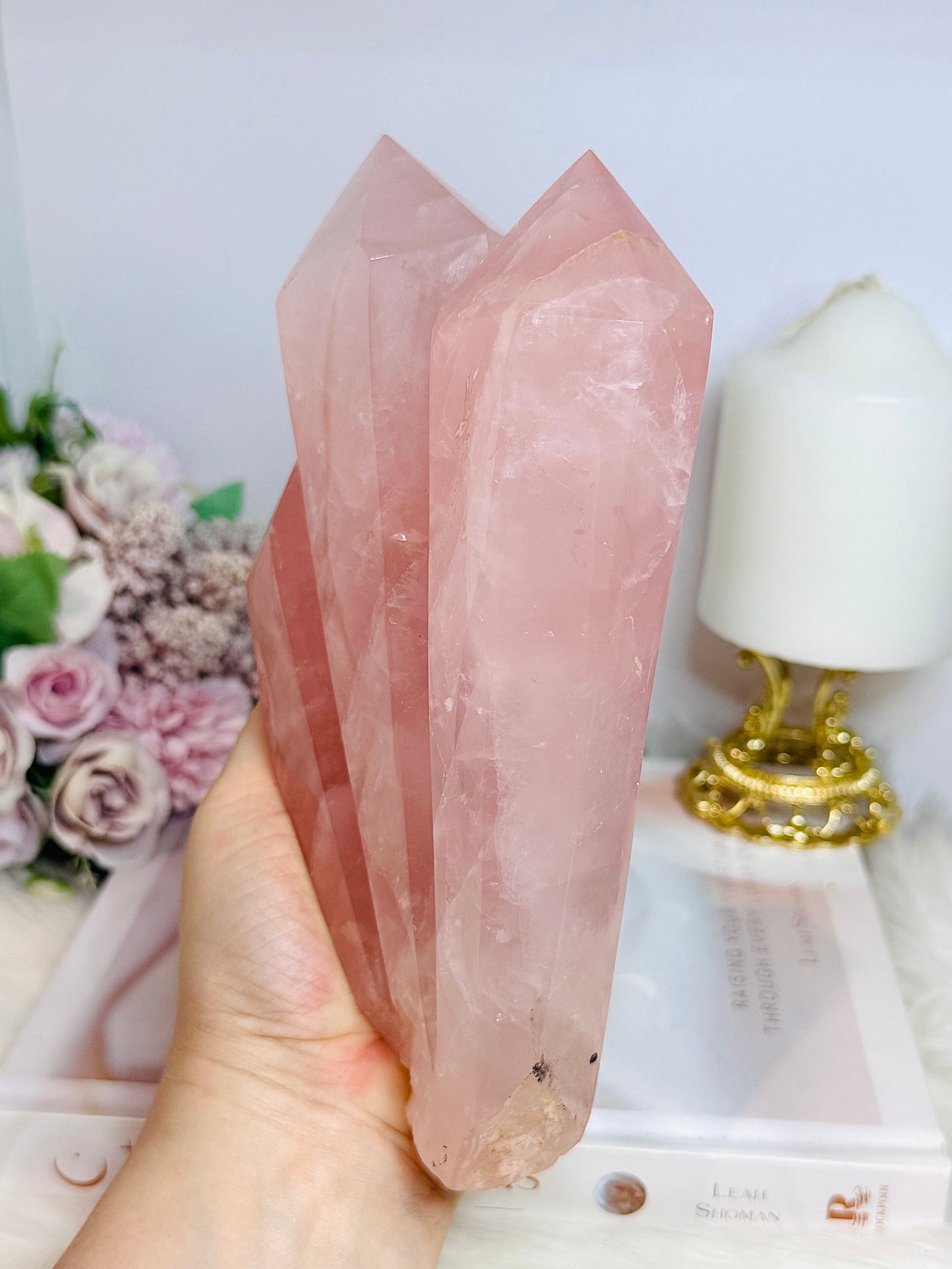 Huge High Grade Rose Quartz Carved Triple Tower on Stand 1.2KG 19cm
