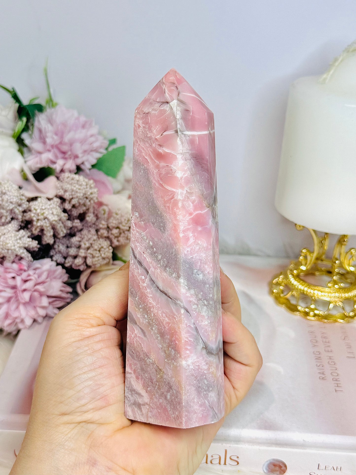 Natural Pink Opal Carved Tower 15cm