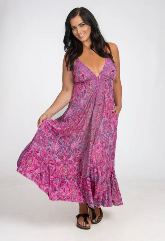 Long Boho Silk Strappy Dress with Pockets One Size